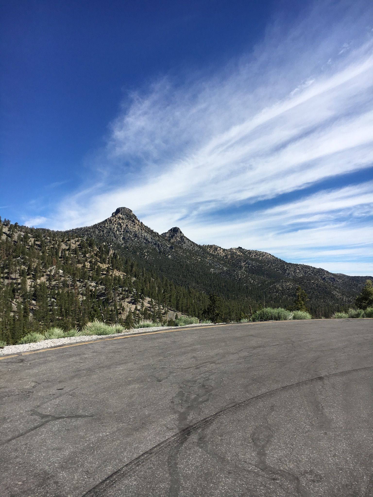 Paved road overlooking tree-covered mountains under a bright blue sky with wispy clouds. - McFarland Peak