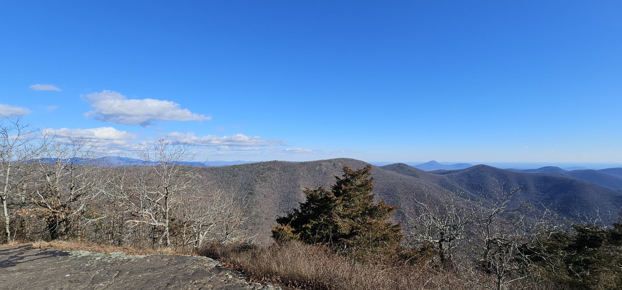 Panoramic view of rolling mountains under a bright blue sky with bare trees. - Appalachian Trail: Hogpen Gap to Woody Gap