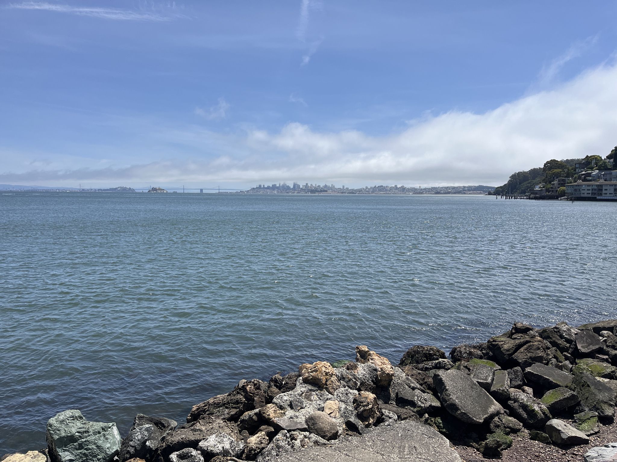 Calm bay water with a rocky shore in foreground and distant city. Cloudy. - San Francisco Bay Trail