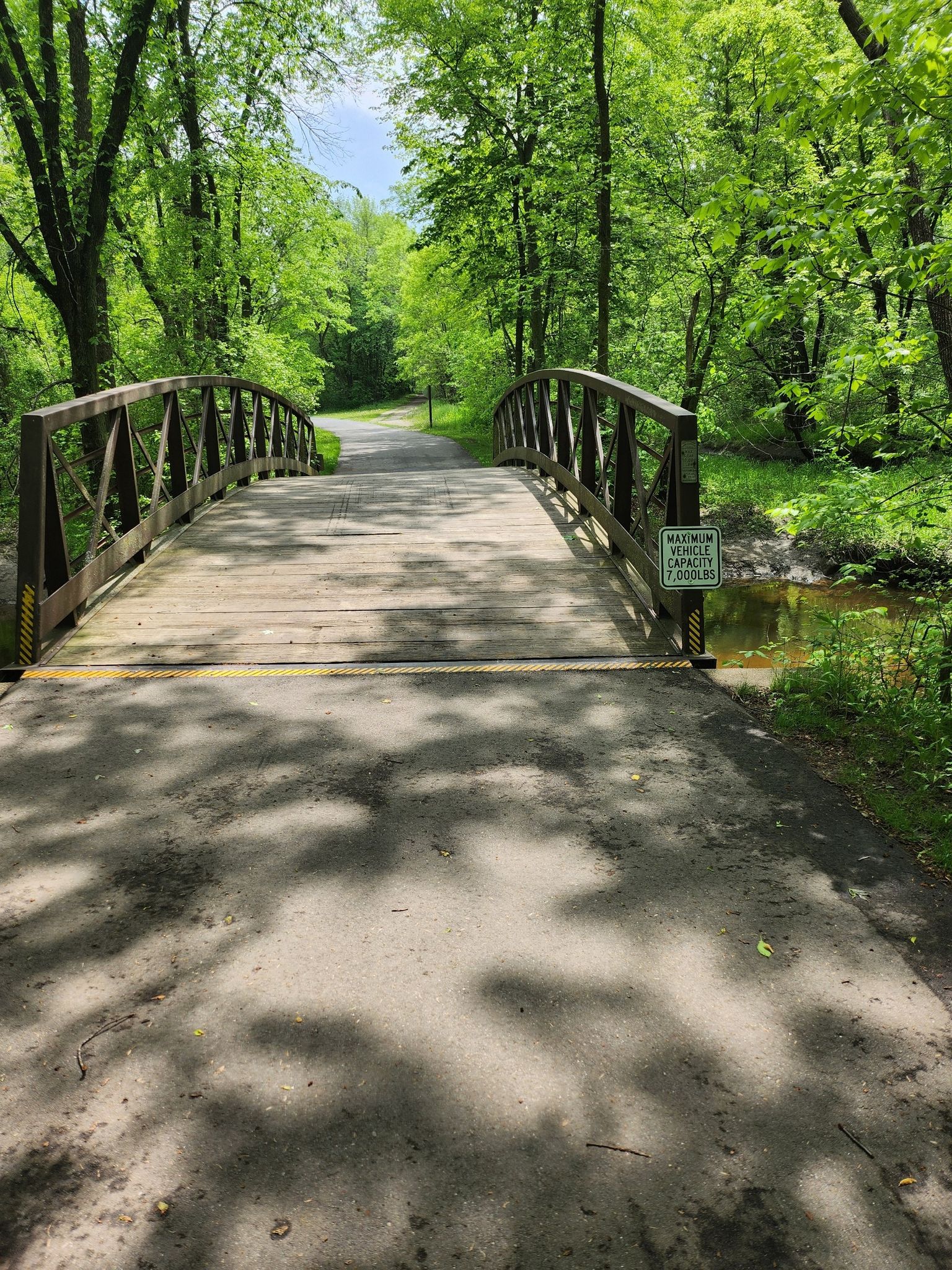 A wooden bridge over a stream on a paved path, surrounded by lush green trees in bright sunlight. - Eastman Nature Center and Elm Creek Park Reserve Loop
