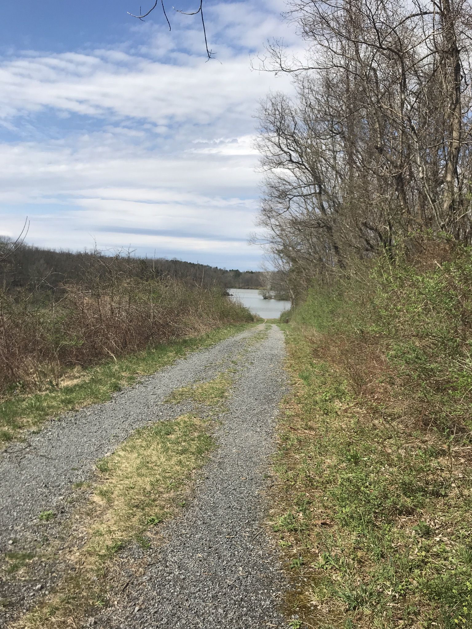 A gravel path descends towards a distant body of water under a cloudy sky. - Lake Border Trail Loop