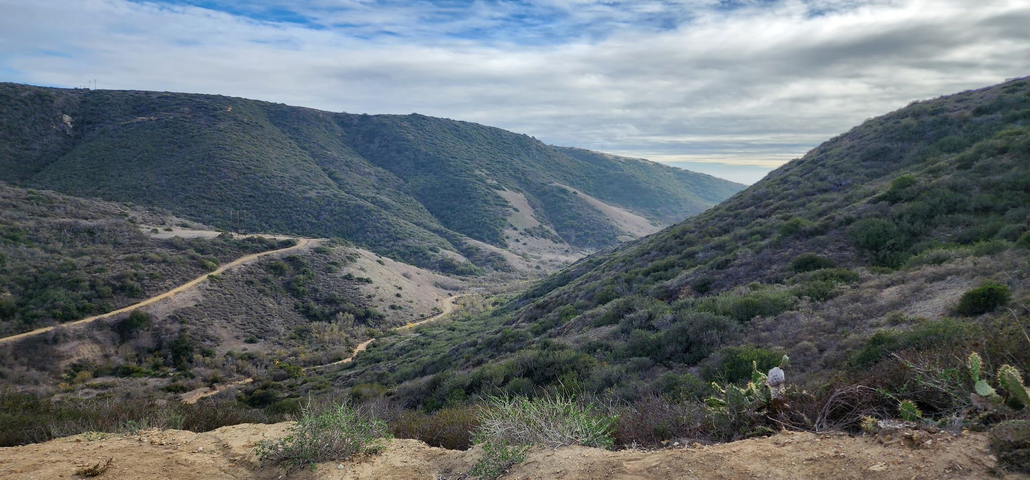 A winding dirt path through a valley of green and dry hills under a cloudy sky. - El Moro Canyon Loop Trail