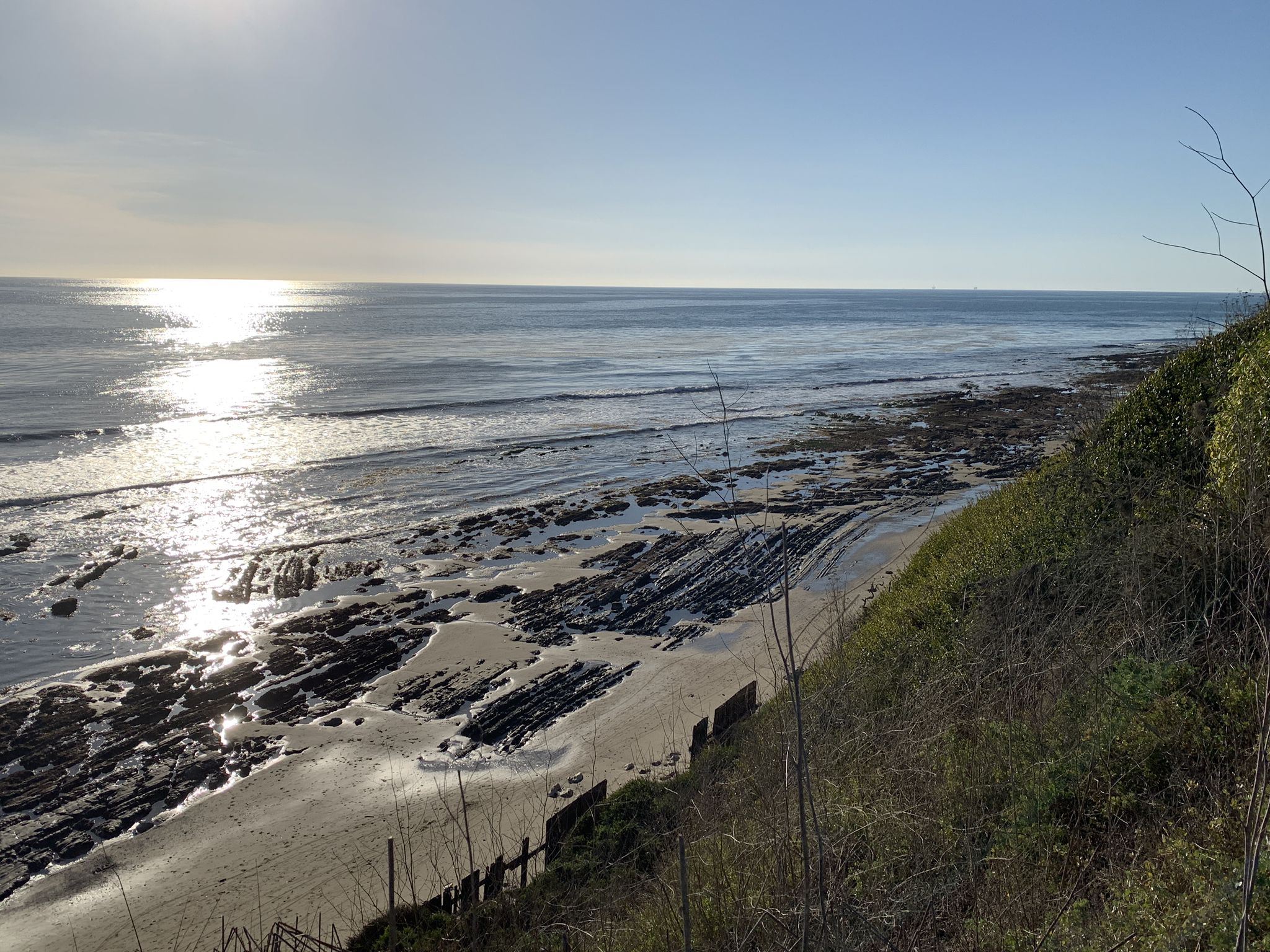 Sunny ocean view from a cliff, revealing rocky beach formations below. - Ellwood Forest Park Loop
