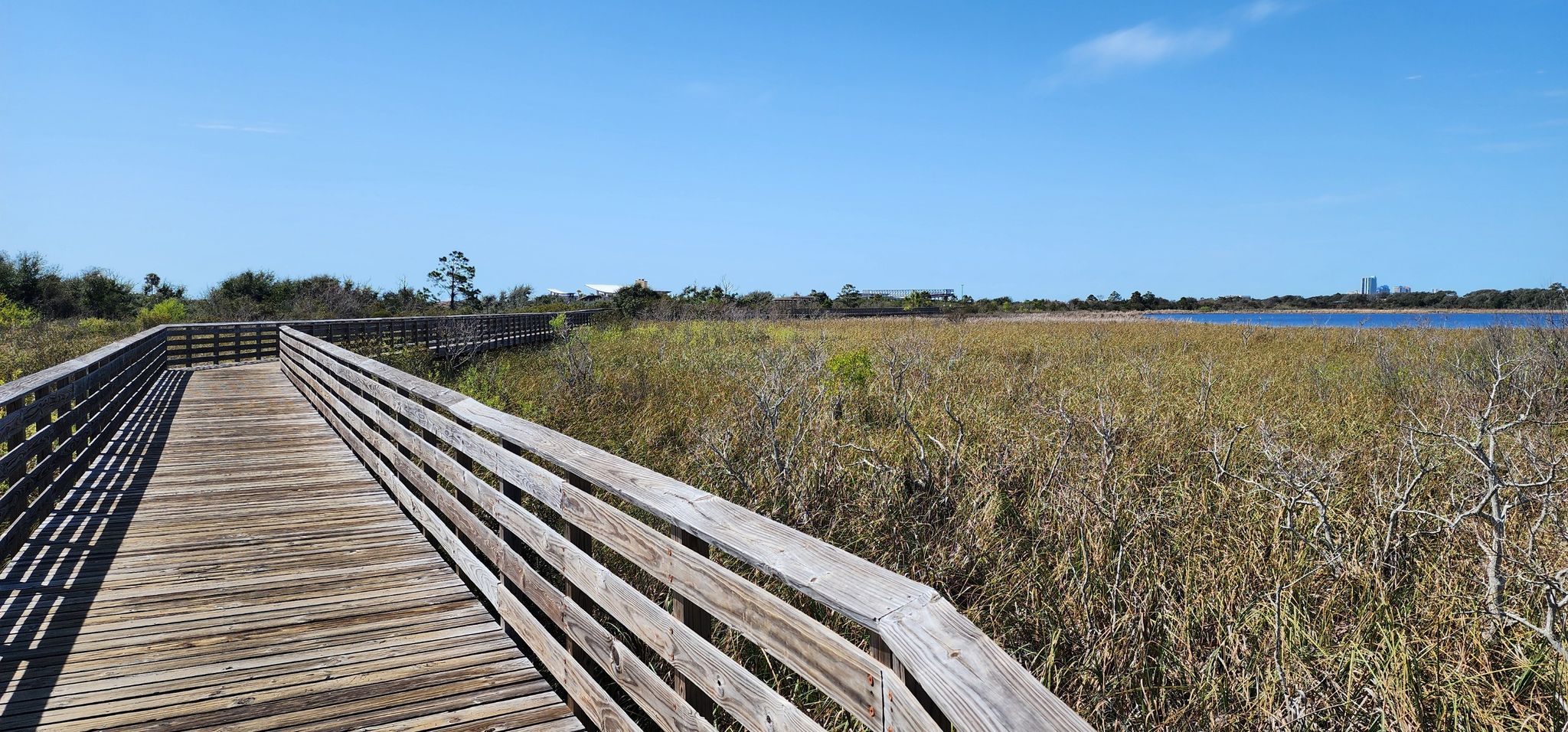 Long wooden boardwalk winding through sunny wetlands beside a calm lake. - Middle Lake loop from Romar Beach