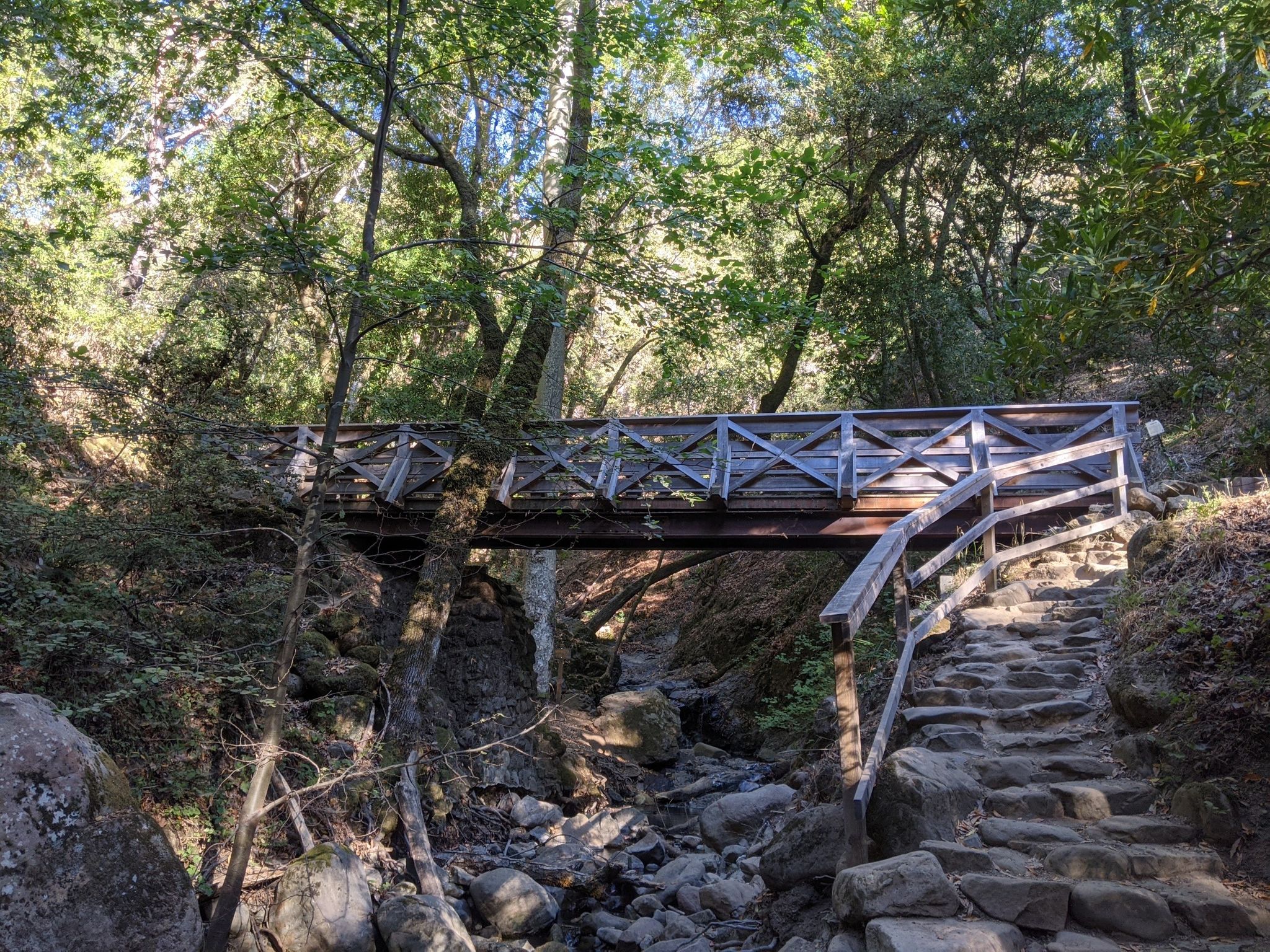 Rustic wooden bridge crosses a rocky stream, with stone steps leading up. - Waterfall Loop Trail