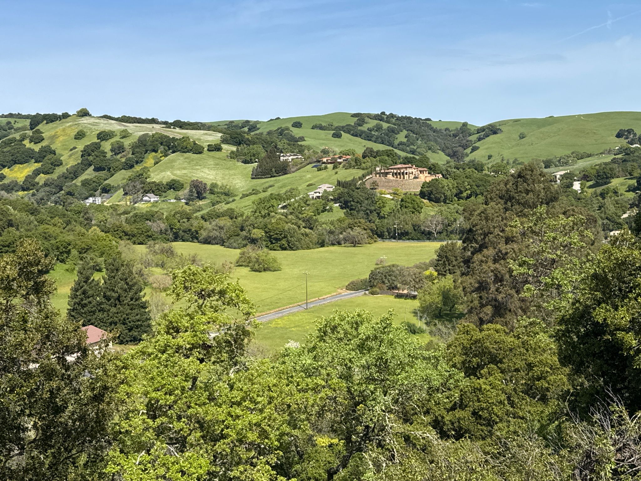 Lush green valley with scattered houses and trees under a clear blue sky. - Alhambra Creek, Spengler Trail, and Lagoon Trail Loop