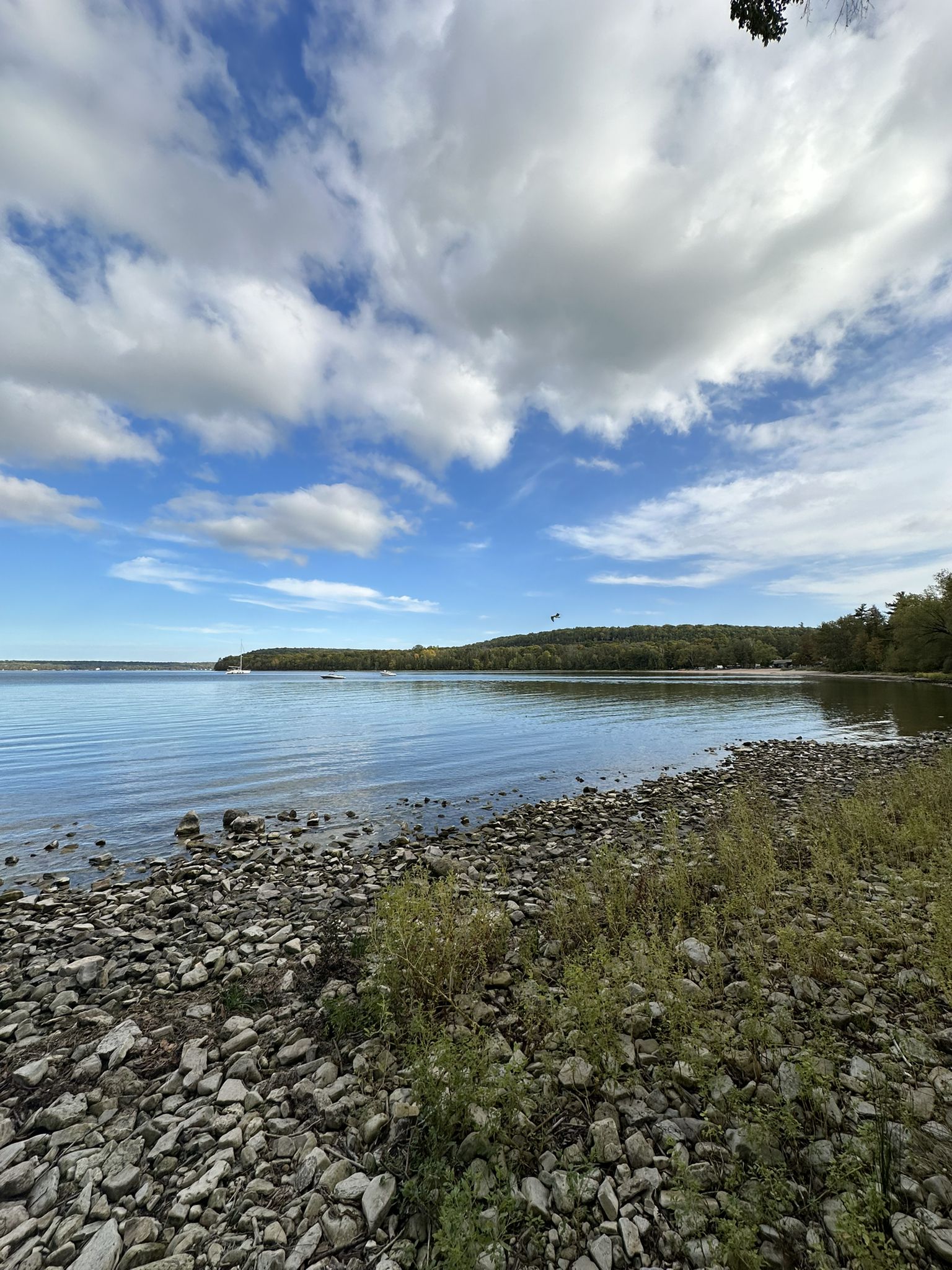 Rocky shoreline next to a calm lake under a blue, cloudy sky. - Eagle Bluff Lighthouse – Fish Creek Running Trail loop from Peninsula State Park