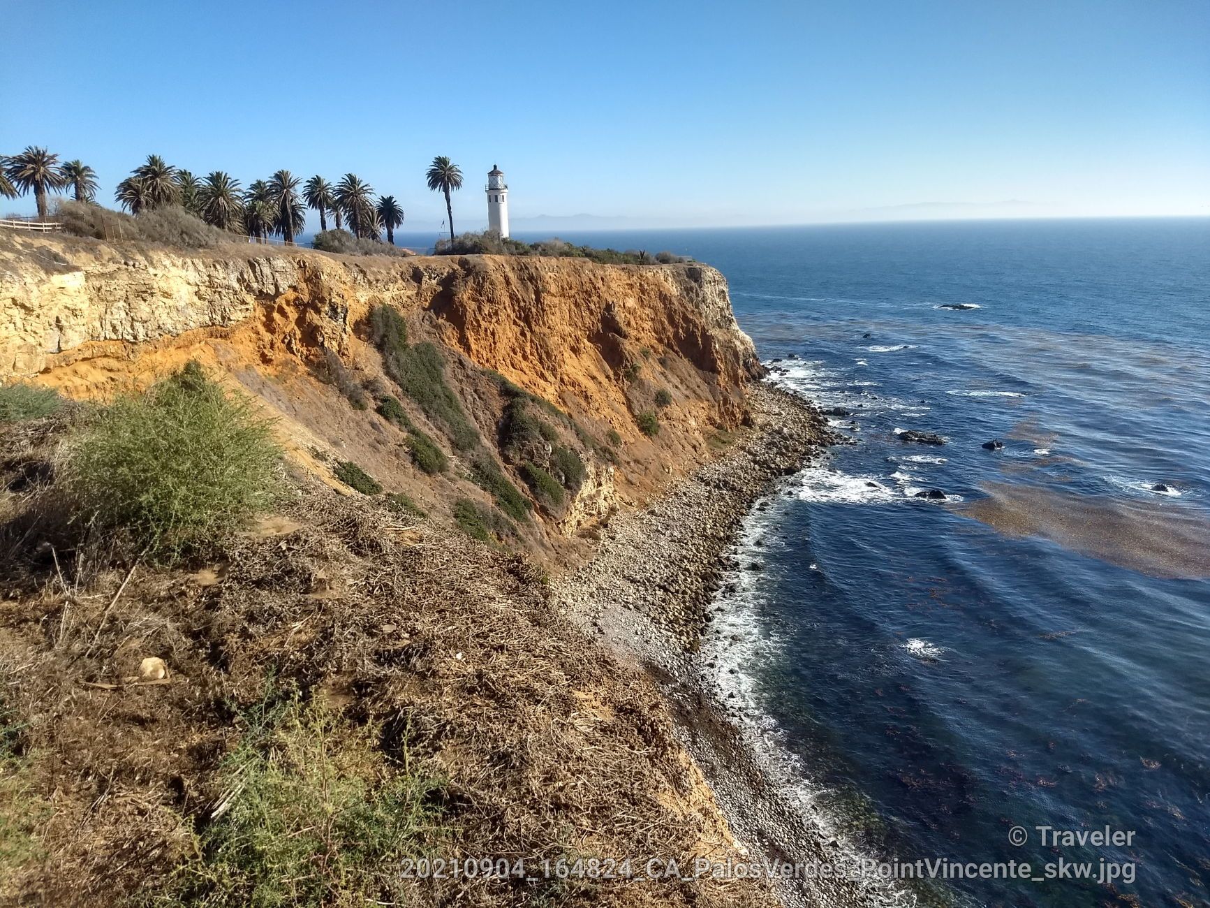 Lighthouse on a cliff with palm trees, overlooking ocean waves on a bright day. - Bluff Cove – Torrance Beach loop from Redondo Beach