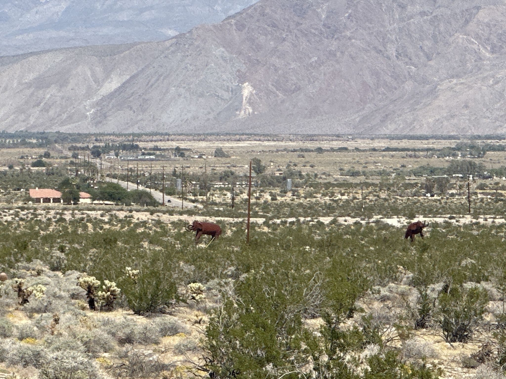 Two animal sculptures graze in a sunny, expansive desert landscape with mountains. - Sculptures Walk – Anza Borrego State Park