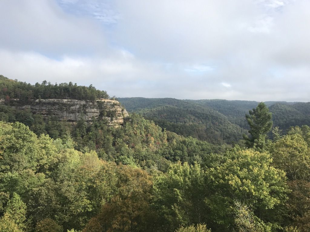 Expansive view of forested hills and a rocky cliff under a cloudy sky. - Battleship Rock and Rock Garden Trail Loop