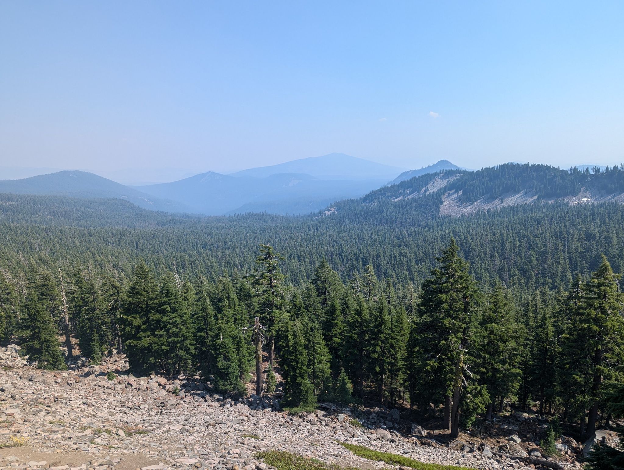 Expansive evergreen forest covers rolling hills, with hazy mountains in the distance. - Seven Lakes and Devil's Peak Loop
