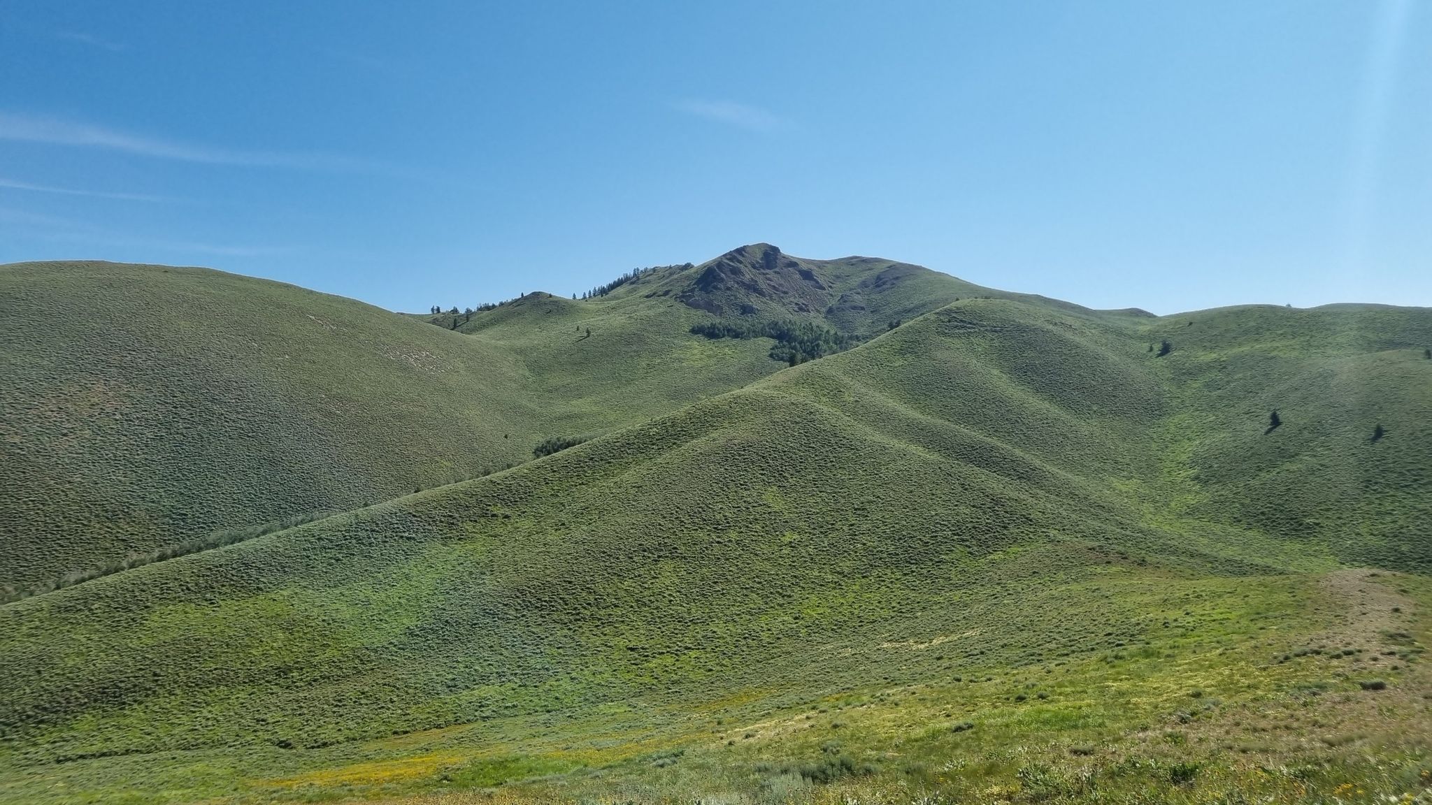 Rolling green hills lead to a rugged peak under a clear blue sky. - Prospect Hill Loop