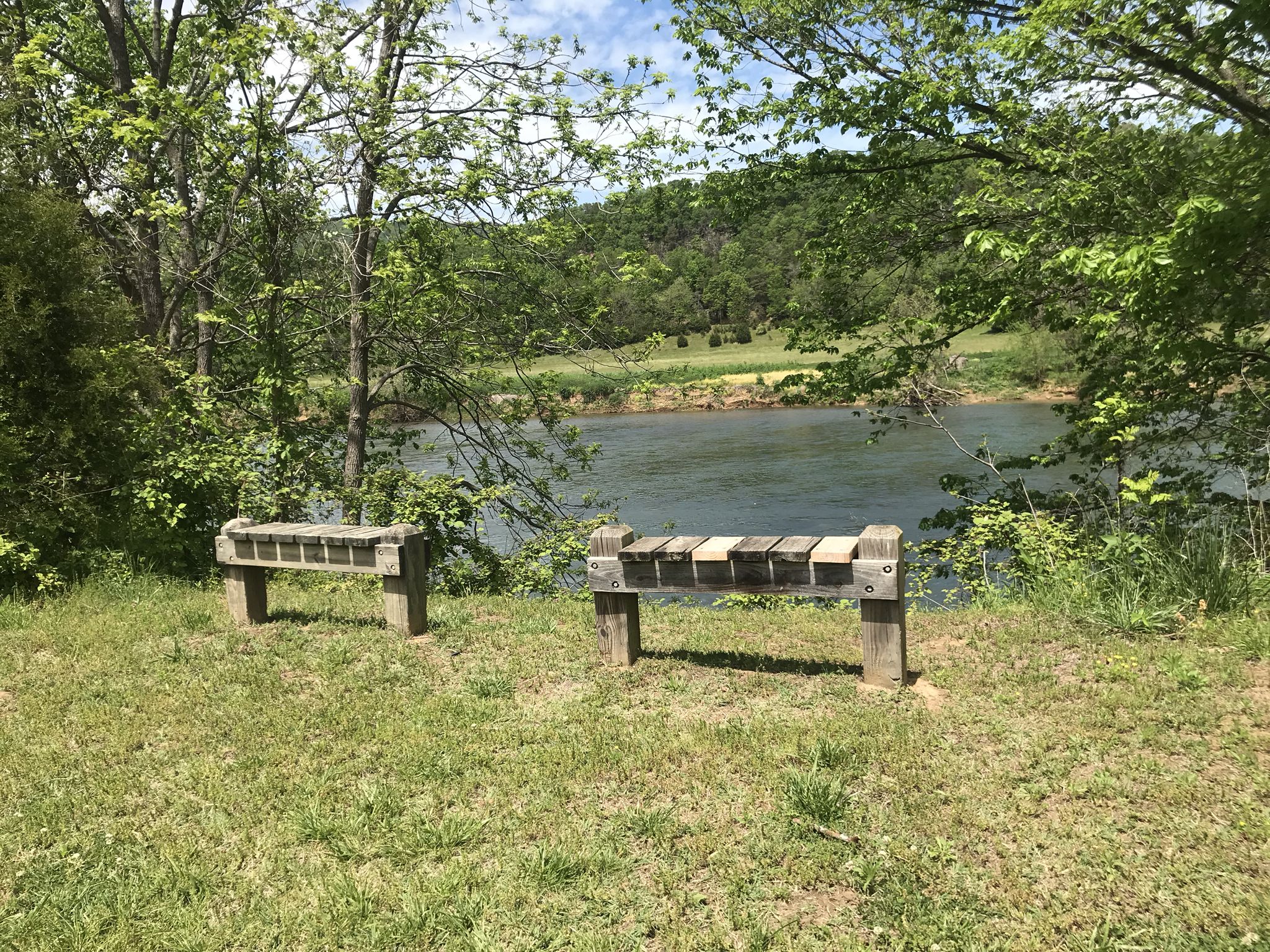 Two wooden benches on a grassy bank overlook a wide, calm river. - Culler's Trail – Shenandoah River State Park loop from Raymond R. "Andy" Guest, Jr. Shenandoah River State Park