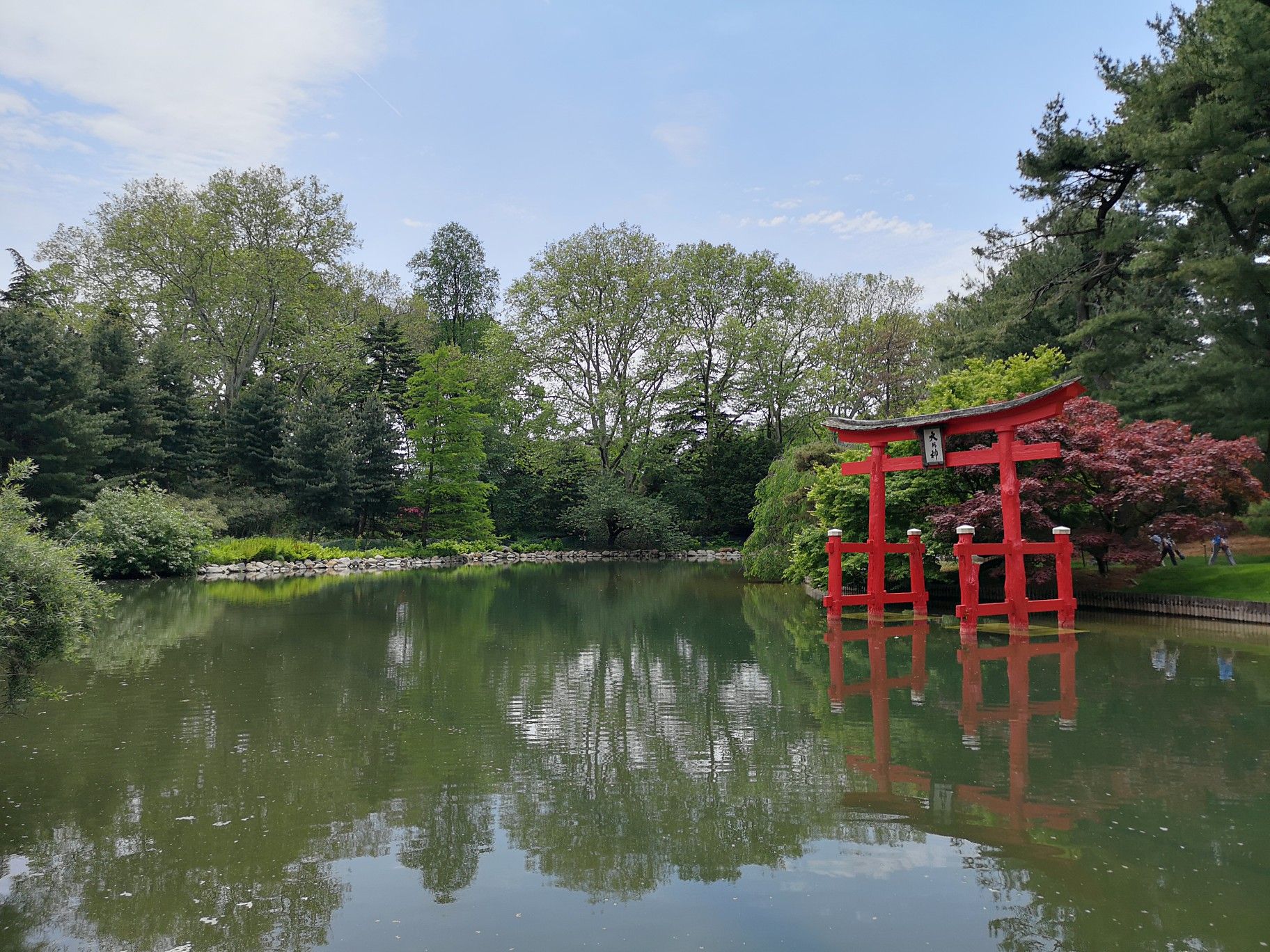 Red torii gate reflected in a calm pond surrounded by lush green trees. - Brooklyn Botanic Garden