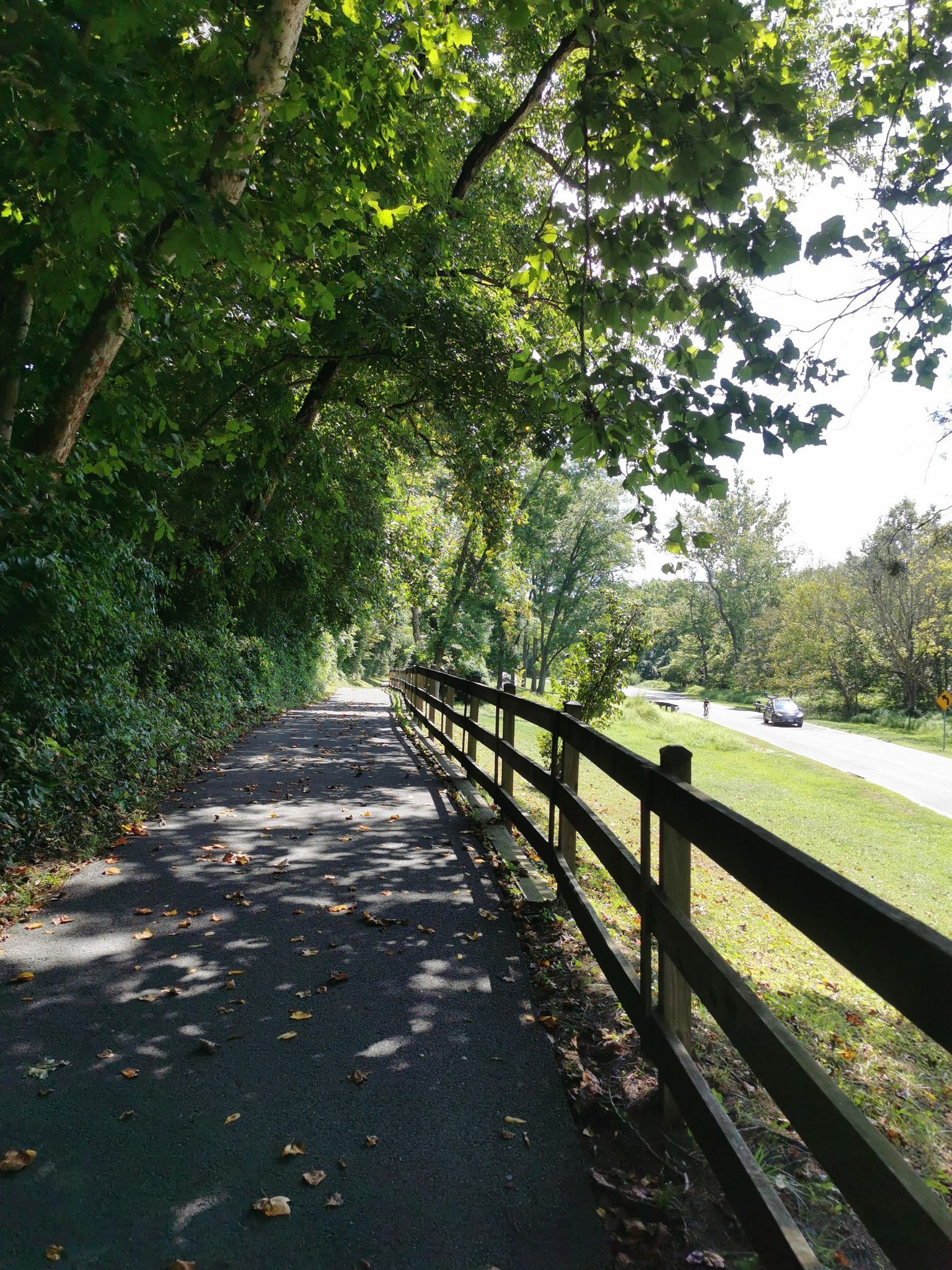 A shaded paved path runs alongside a wooden fence and sunny road. - Water fountain on Beach Drive loop from Wheaton