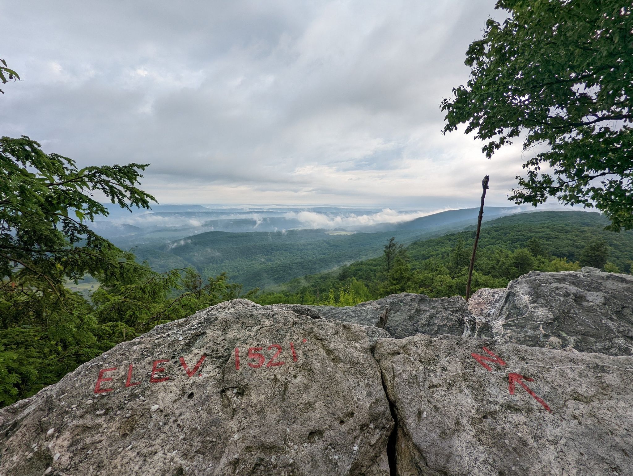 Rocky foreground with red markings overlooking misty green mountains under cloudy sky. - Hawk Mountain Lookout Trail