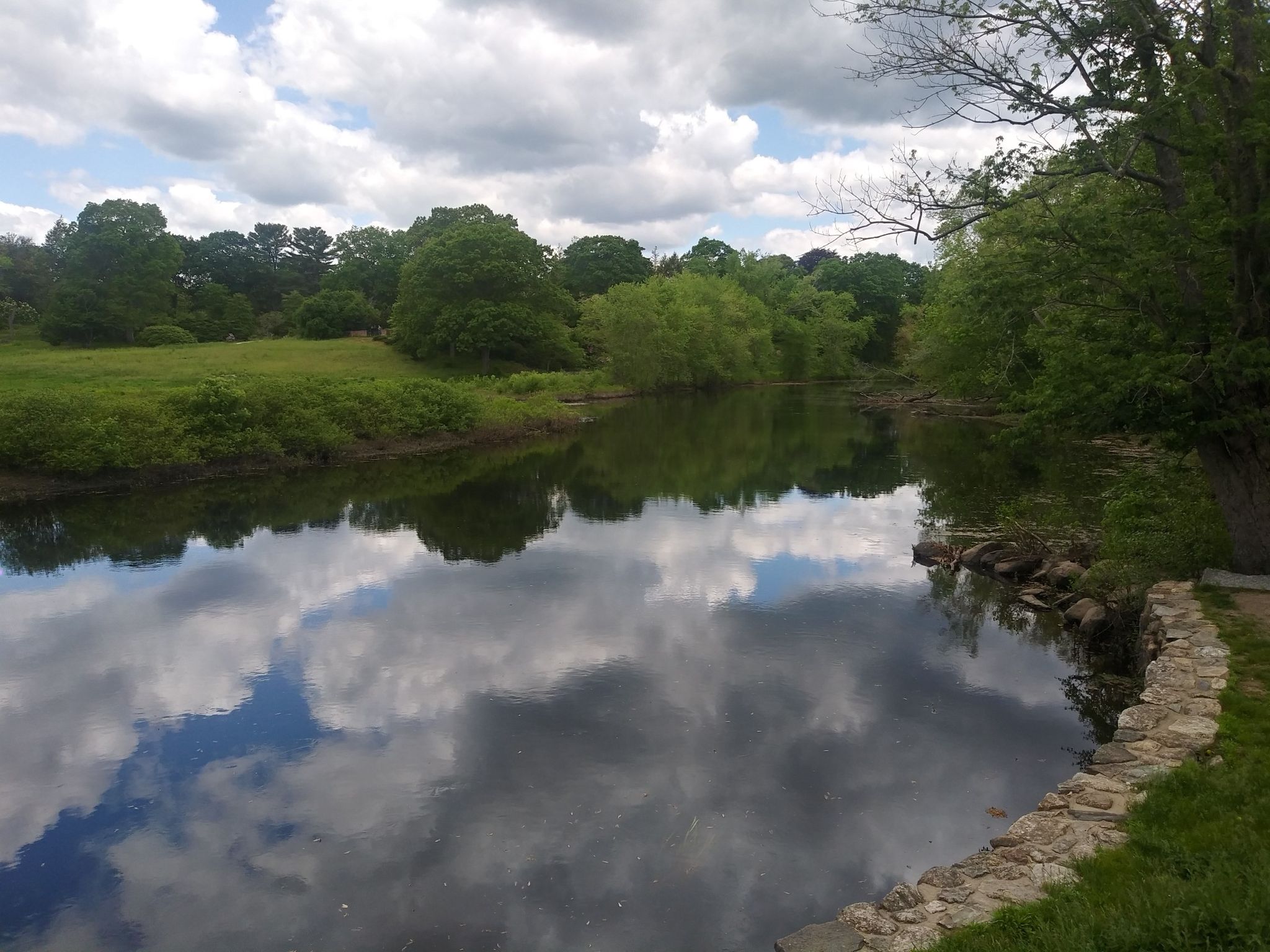 Calm river reflecting cloudy sky, surrounded by green trees and a stone wall. - Heart Pond – Concord Monument Square loop from Lowell