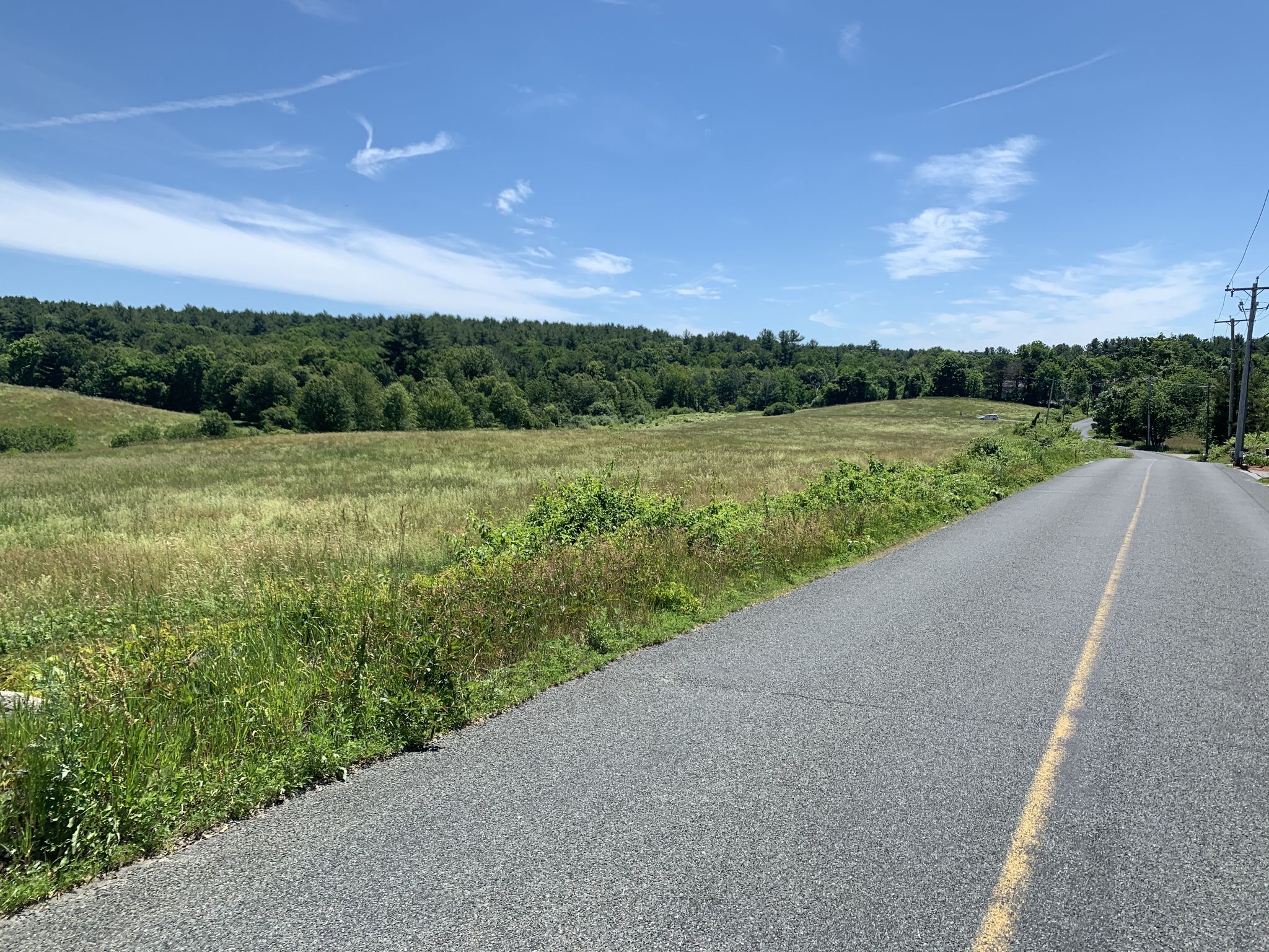 A long road next to a grassy field and distant forest under a blue sky. - Harvard loop from Cambridge