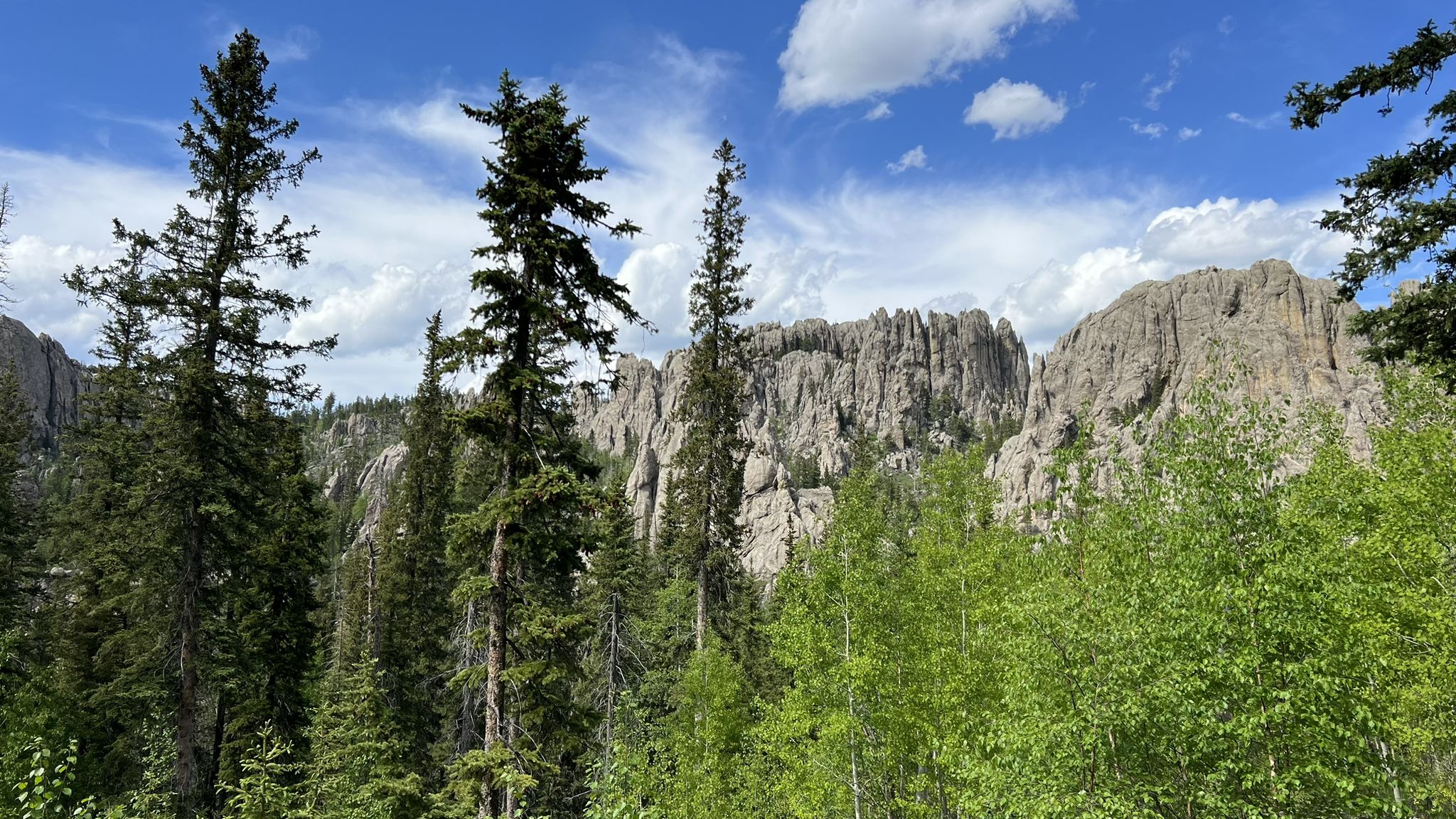 Jagged rock formations towering over a dense forest under a cloudy blue sky. - Black Elk Peak – Black Elk Peak loop from Sylvan Lake