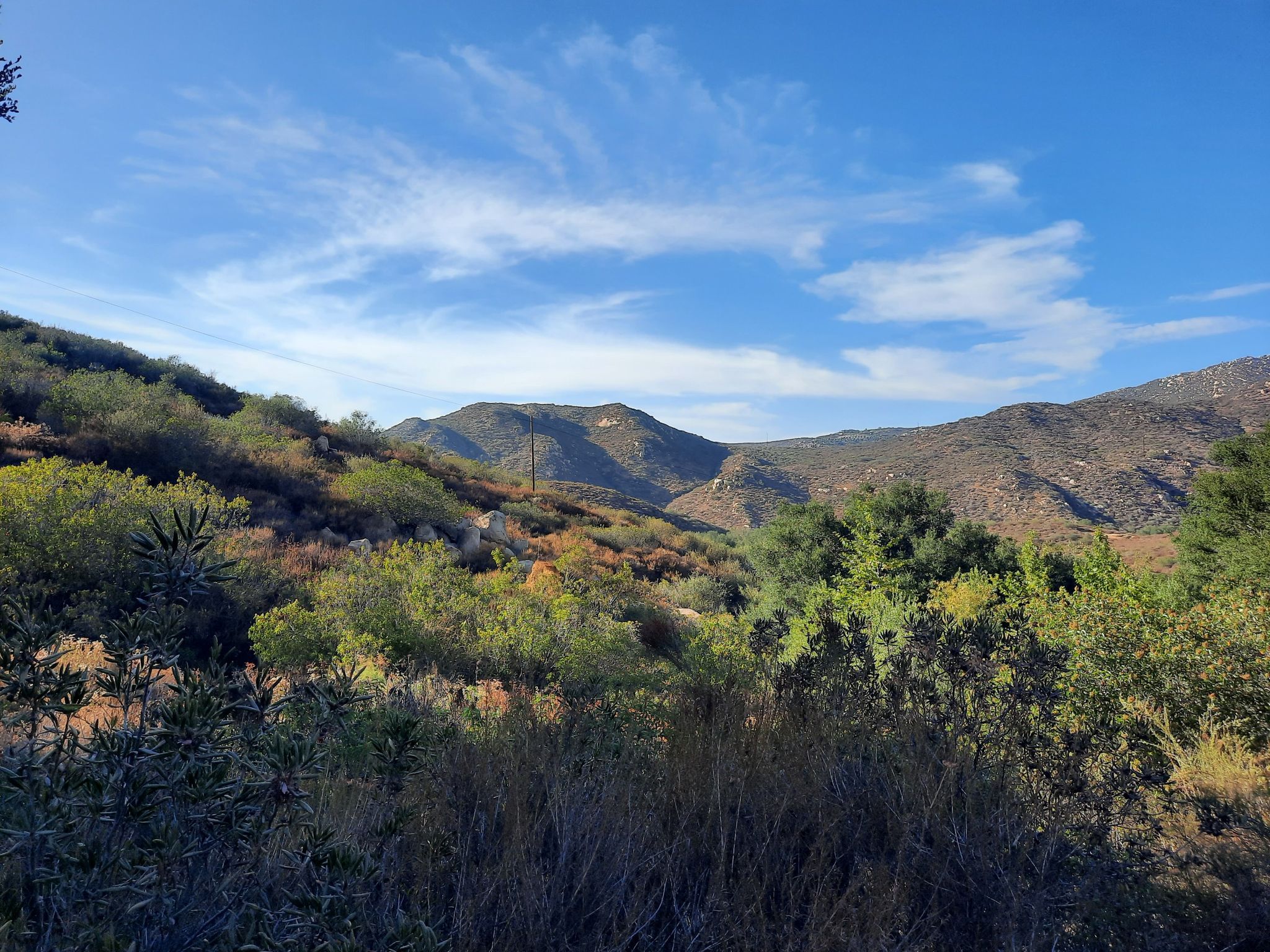 Rolling hills covered in dense green and brown vegetation under a blue sky. - Green Valley Truck Trail