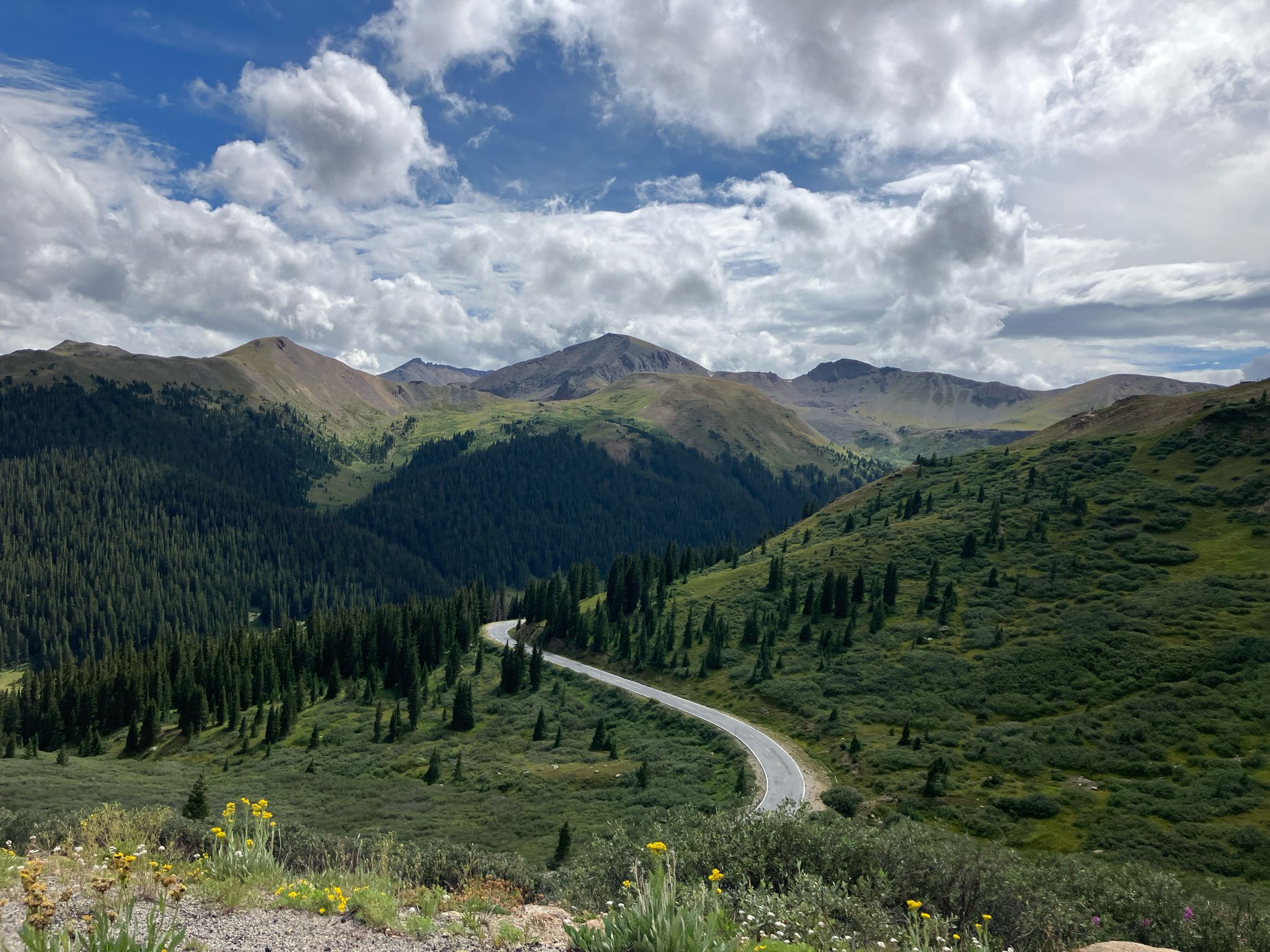Winding road through green forested mountains under a partly cloudy sky. - Independence Pass