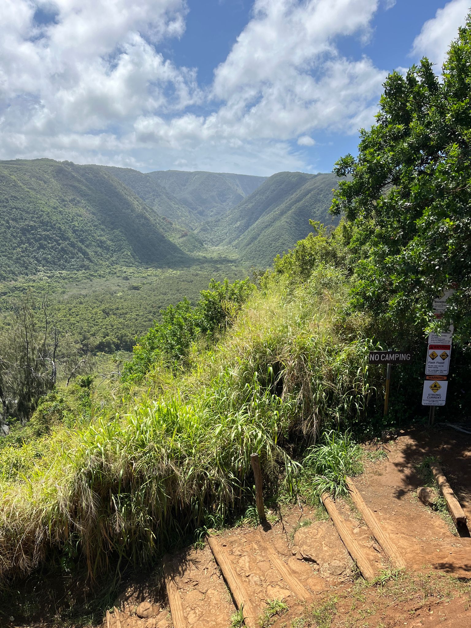 Lush green valley with steep slopes under a bright, cloudy sky. - Kalalae Point to Pololū Valley