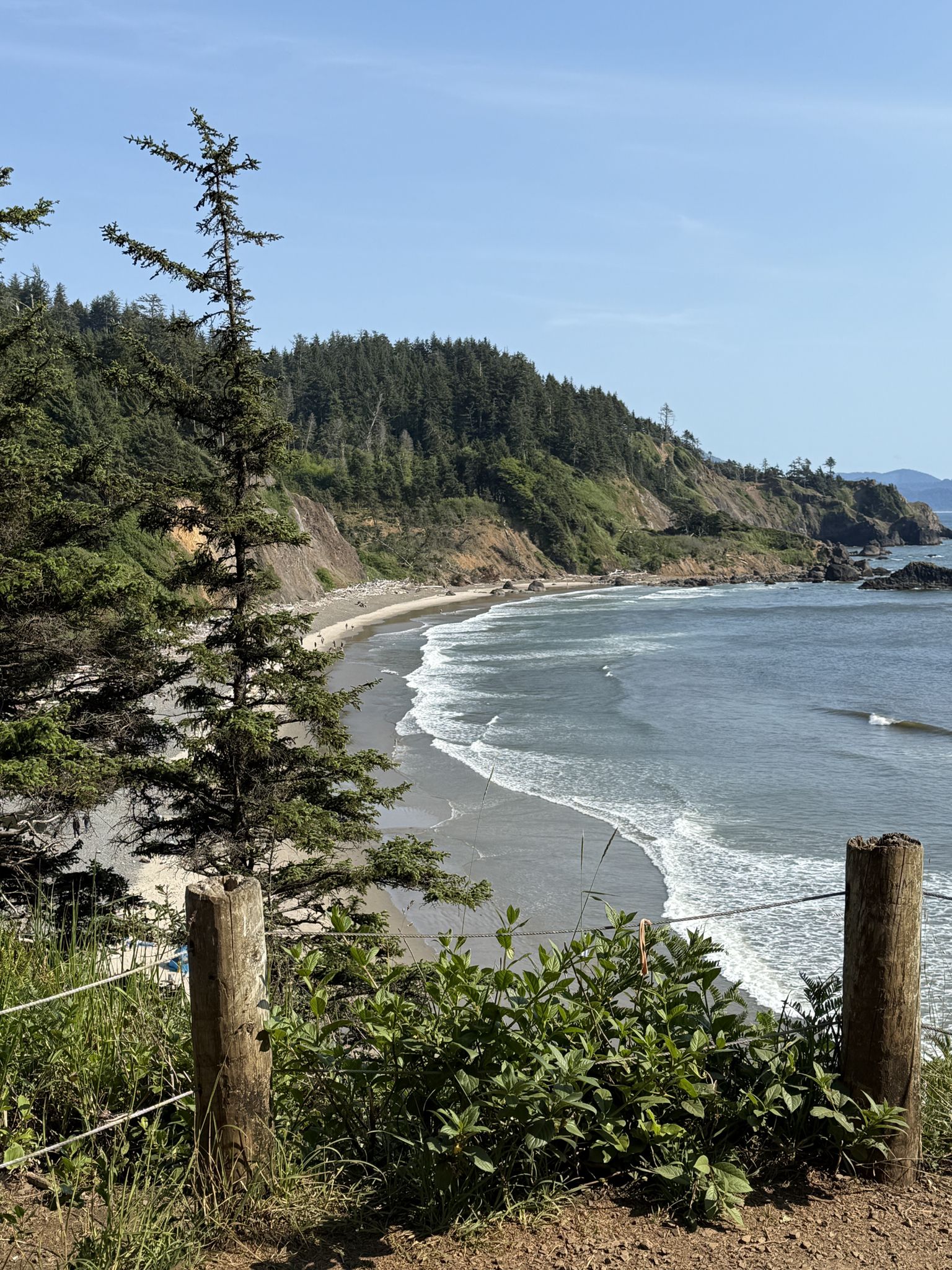 Sunny coastal view with a sandy beach, ocean waves, and forested cliffs. - Clatsop Loop Trail