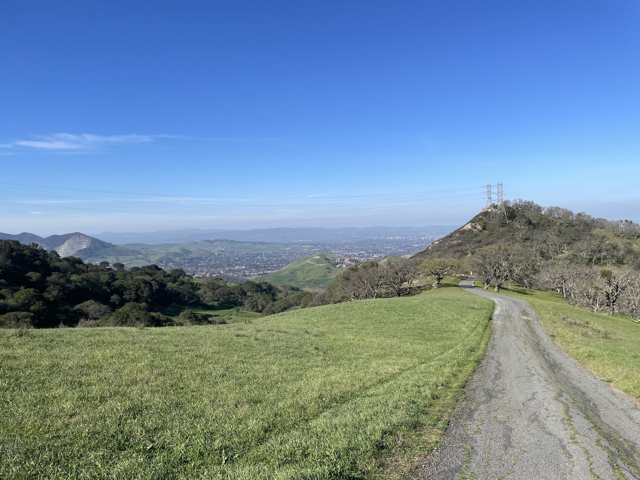 Paved path winding through green hills with a distant city view under clear sky. - Nortonville, Coal Canyon, Black Diamond, Manhattan, and Chaparral Loop