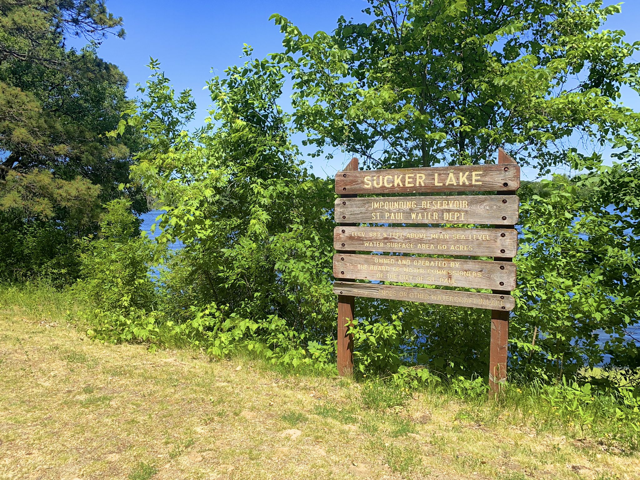 Weathered wooden sign surrounded by lush green trees near water. - Sucker Lake loop from Sitzer