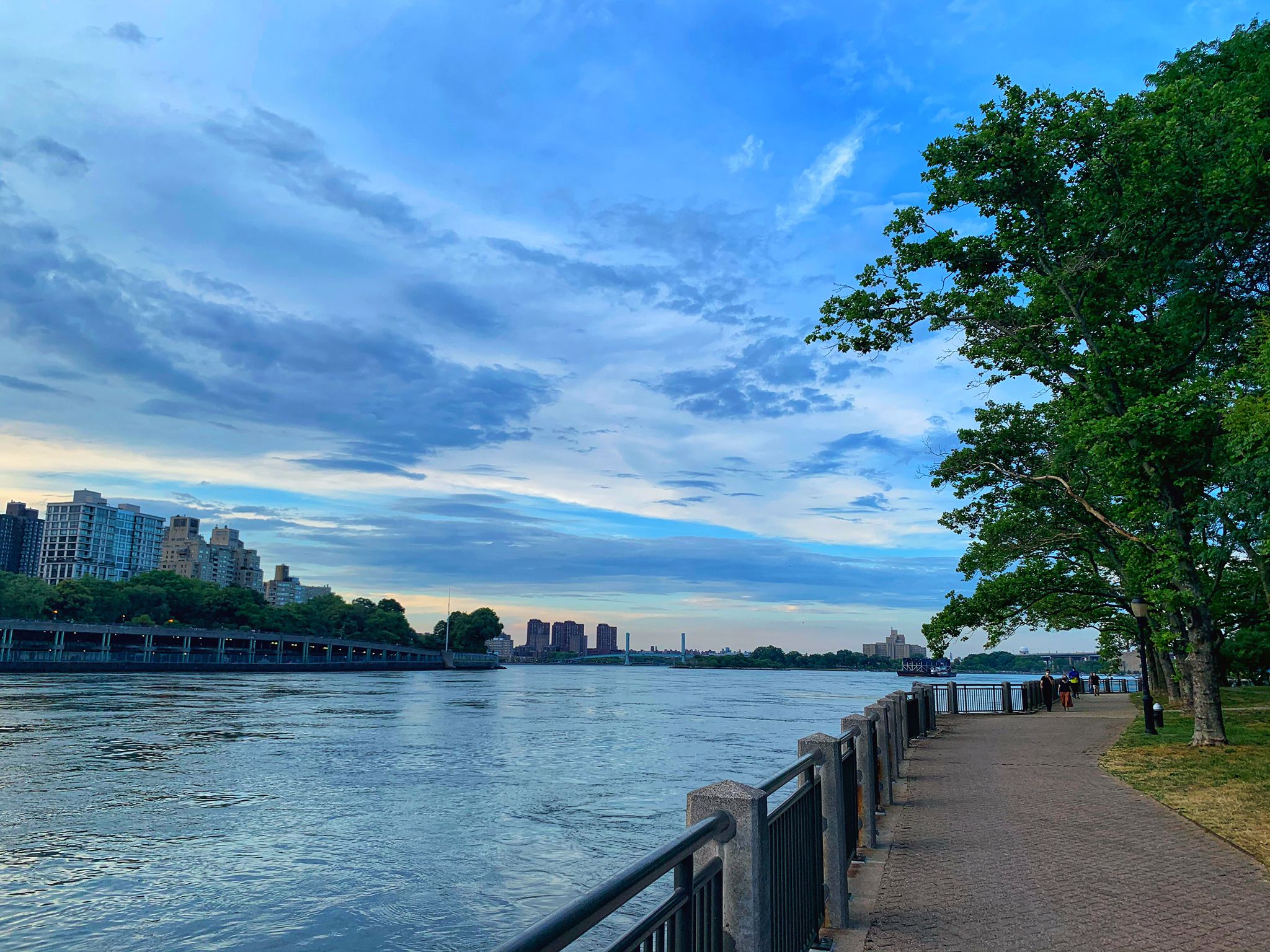 Waterfront path with green trees, river, and city skyline under a cloudy sky. - Roosevelt Island Tramway – Roosevelt Island Lighthouse loop from Roosevelt Island
