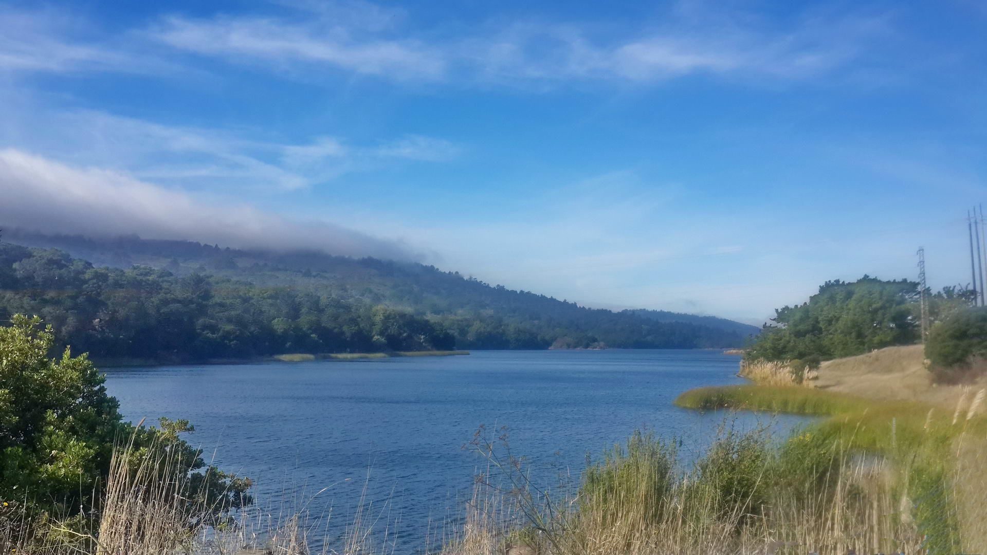 A wide blue lake surrounded by green hills under a bright sky. - El Corte De Madera Loop: Tafoni, Methuselah, and Gordon Mill Trail