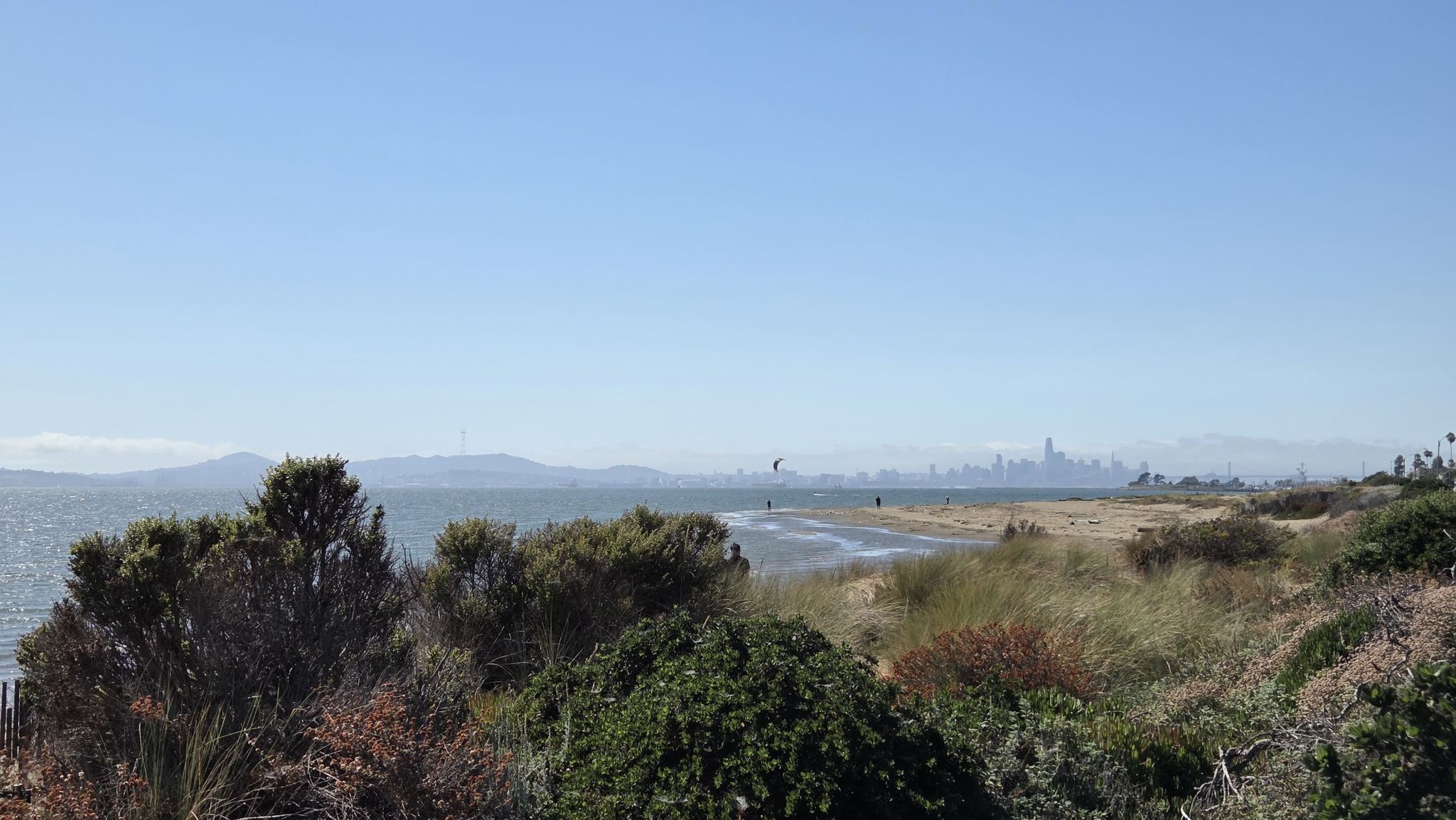 A sunny beach with distant city skyline and people by the water. - Bike loop from Alameda