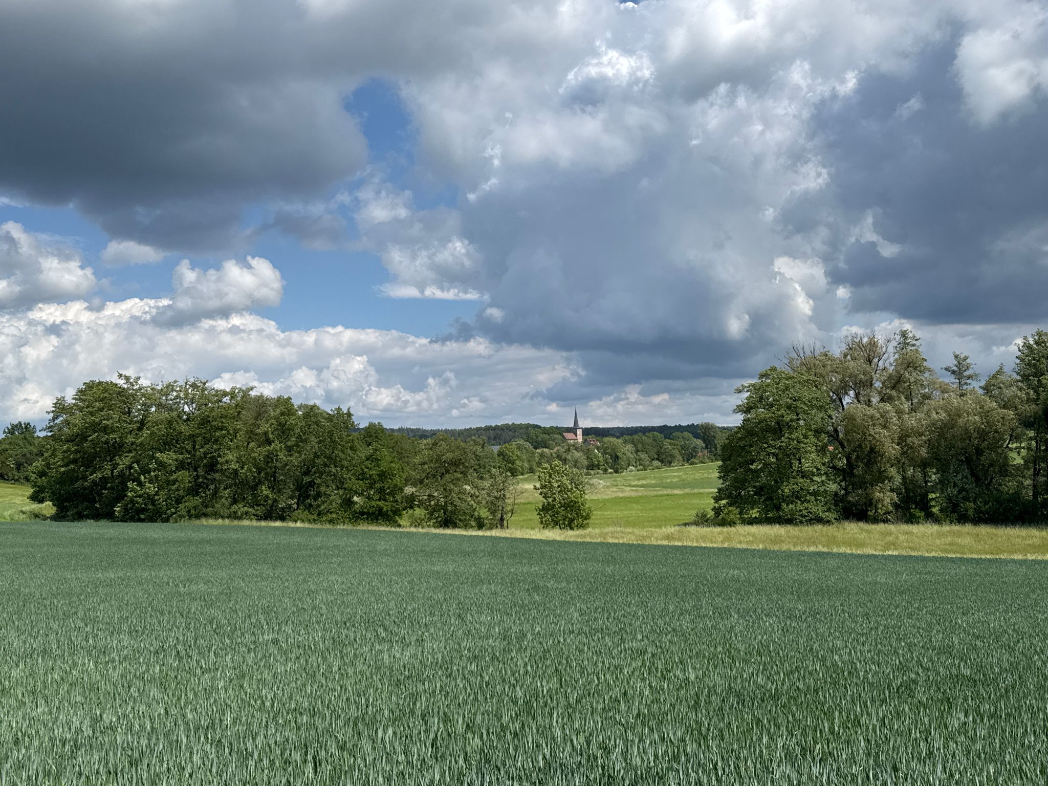 Immer wieder taucht der Kirchturm von Neundorf am Weg auf