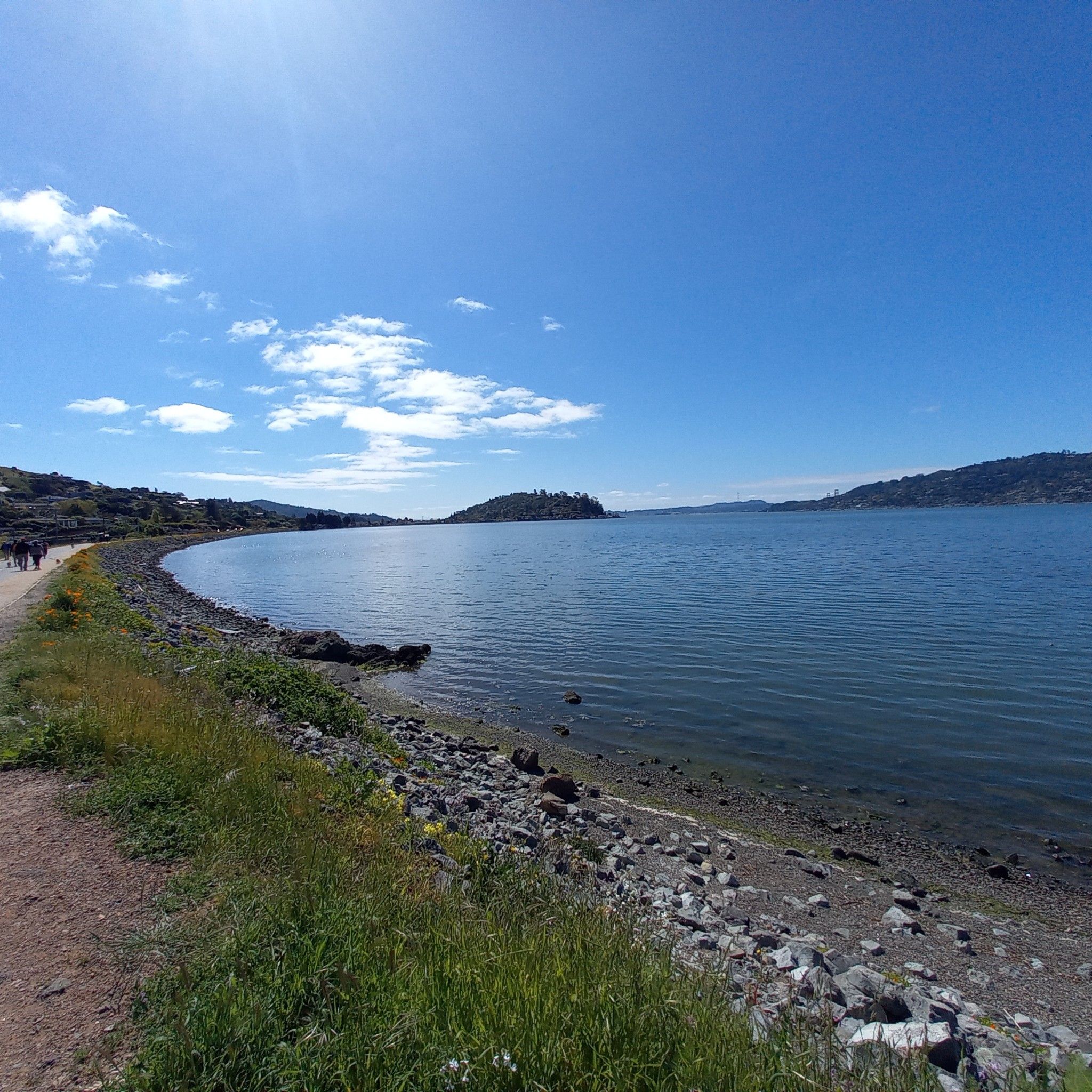 A dirt path follows a rocky shoreline next to wide water and distant hills. - Horse Hill Bike Path – Paradise Beach County Park loop from Tiburon