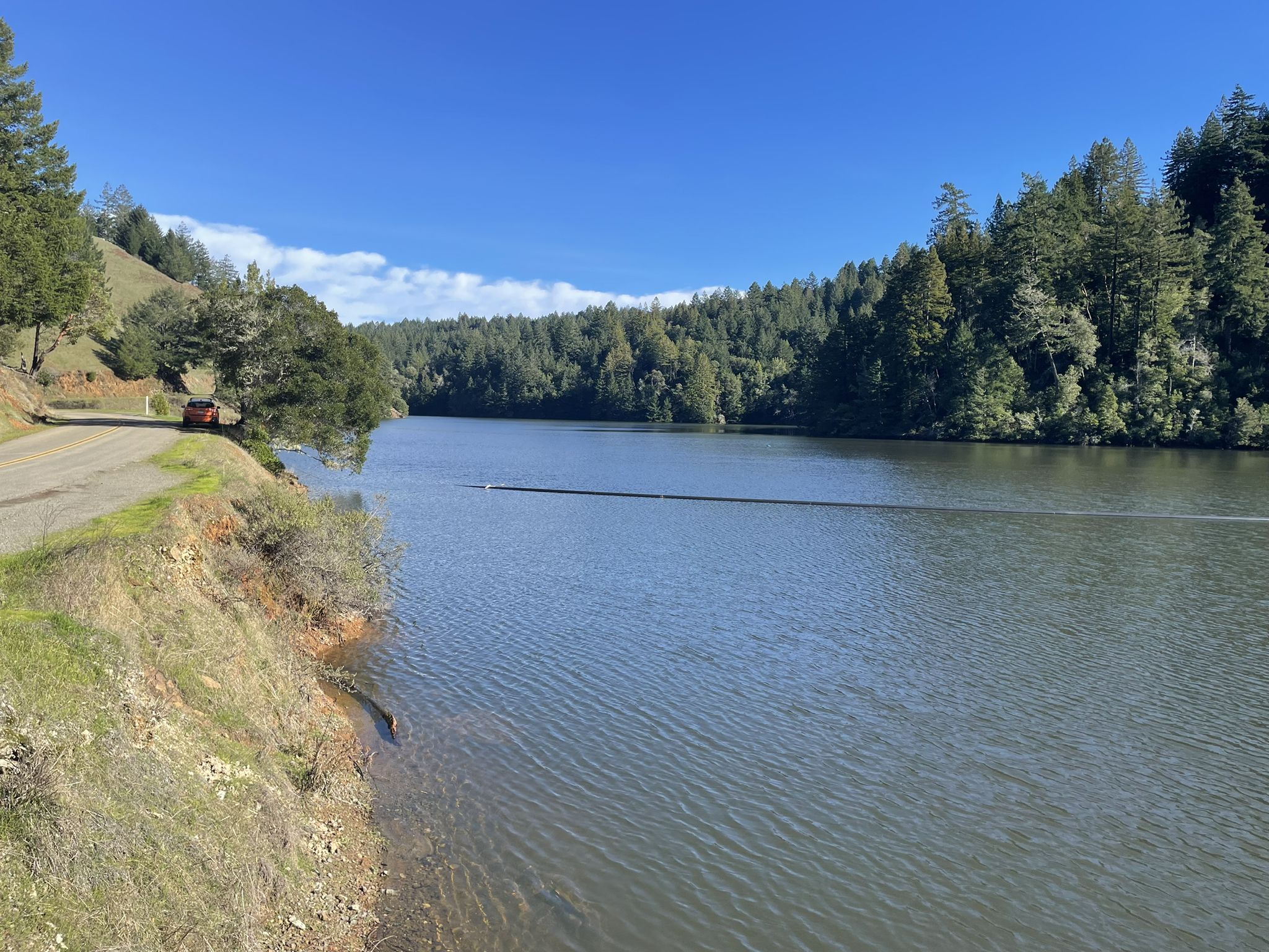 Sunny lake surrounded by green forested hills and a clear blue sky. - Golden Gate Bridge loop from Larkspur