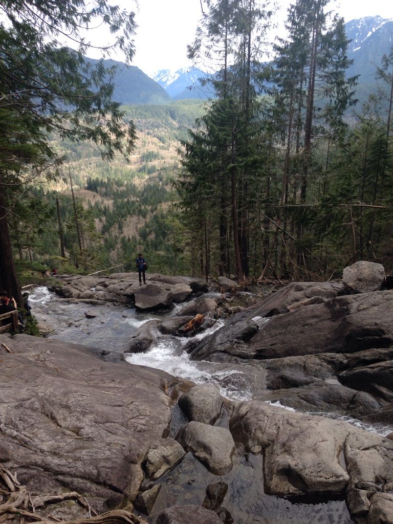 A person stands on rocks by a stream, overlooking a forested valley and mountains. - Bridal Veil Falls Trail