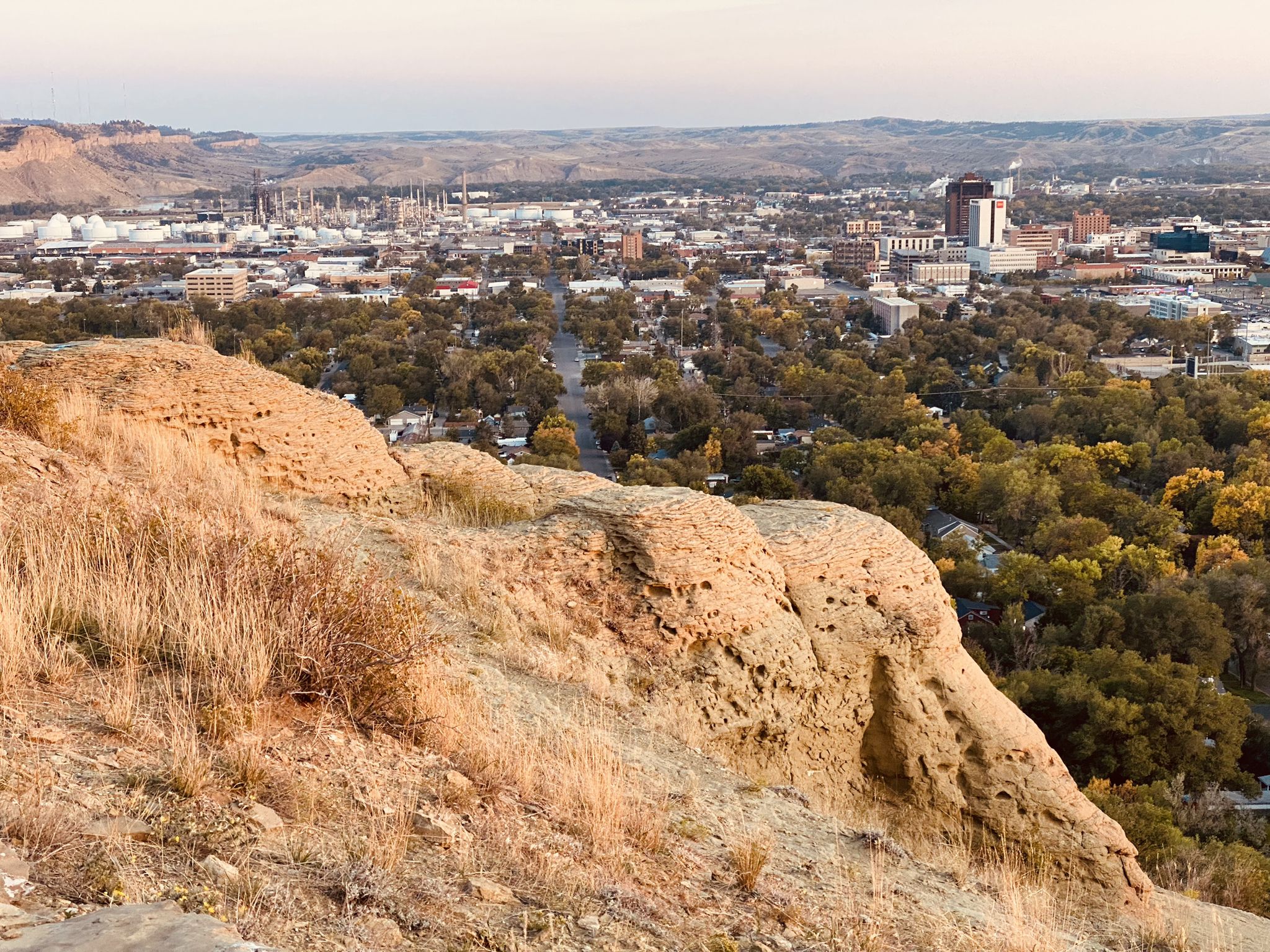 Rocky, dry hillside overlooking a sprawling city with many trees. - Chief Black Otter Trail
