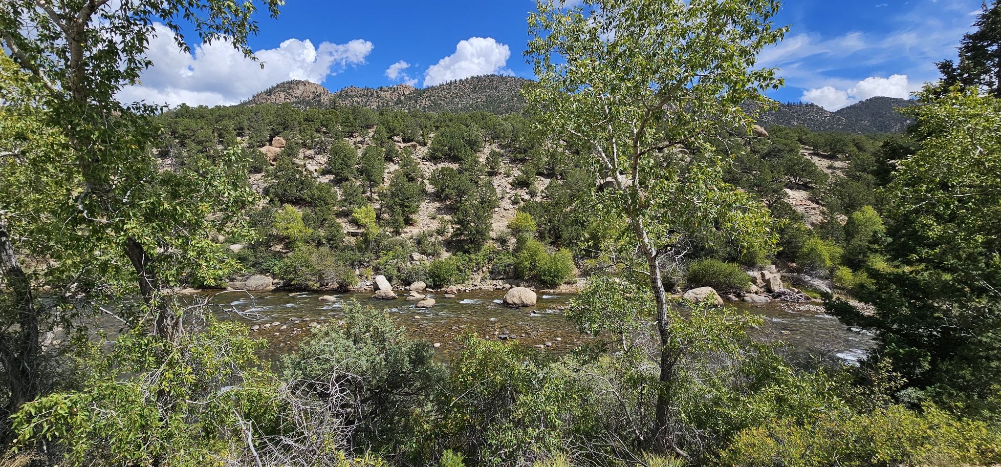 Sunny river flowing through a rocky, forested canyon under a blue sky. - CR 317 Gravel loop