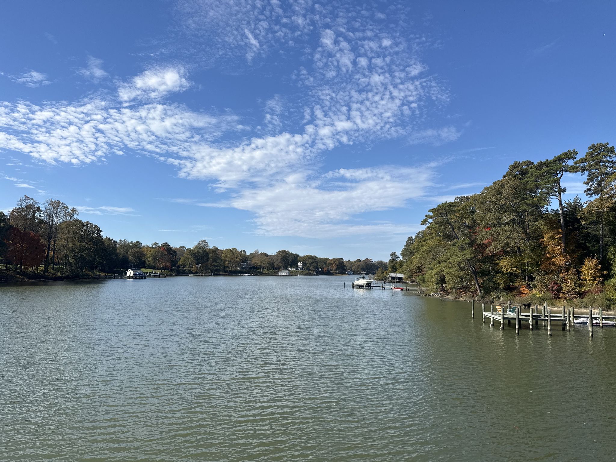 Wide river with colorful tree-lined banks, docks, and boats under blue sky. - Saint Michaels to Oxford loop