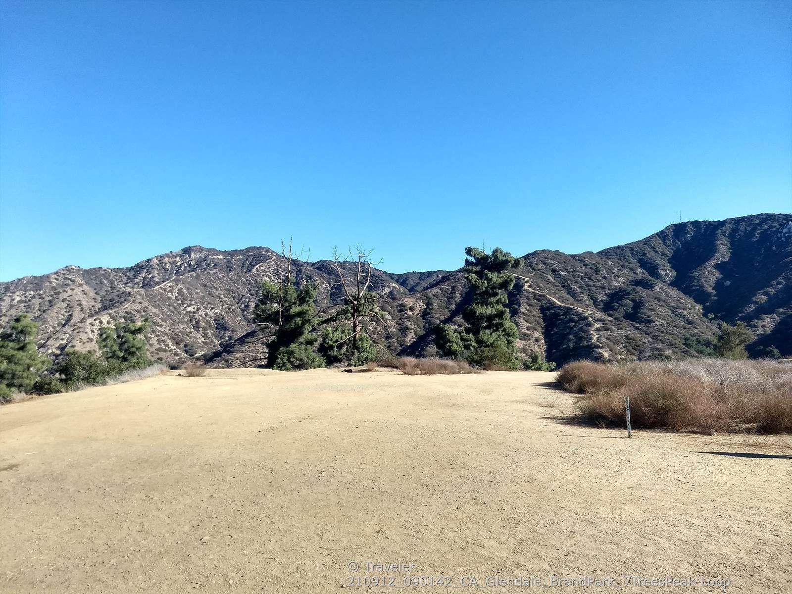 Wide dirt clearing with distant mountains and scattered trees under clear sky. - Verdugo Crest and Beaudry Motorway Loop