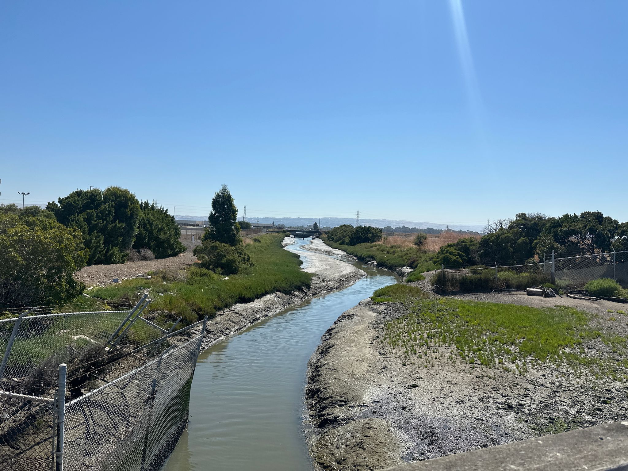 A narrow waterway flows through marshland under a bright sunny sky. - SF Bay Trail: Cogswell Marsh to Roberts Landing
