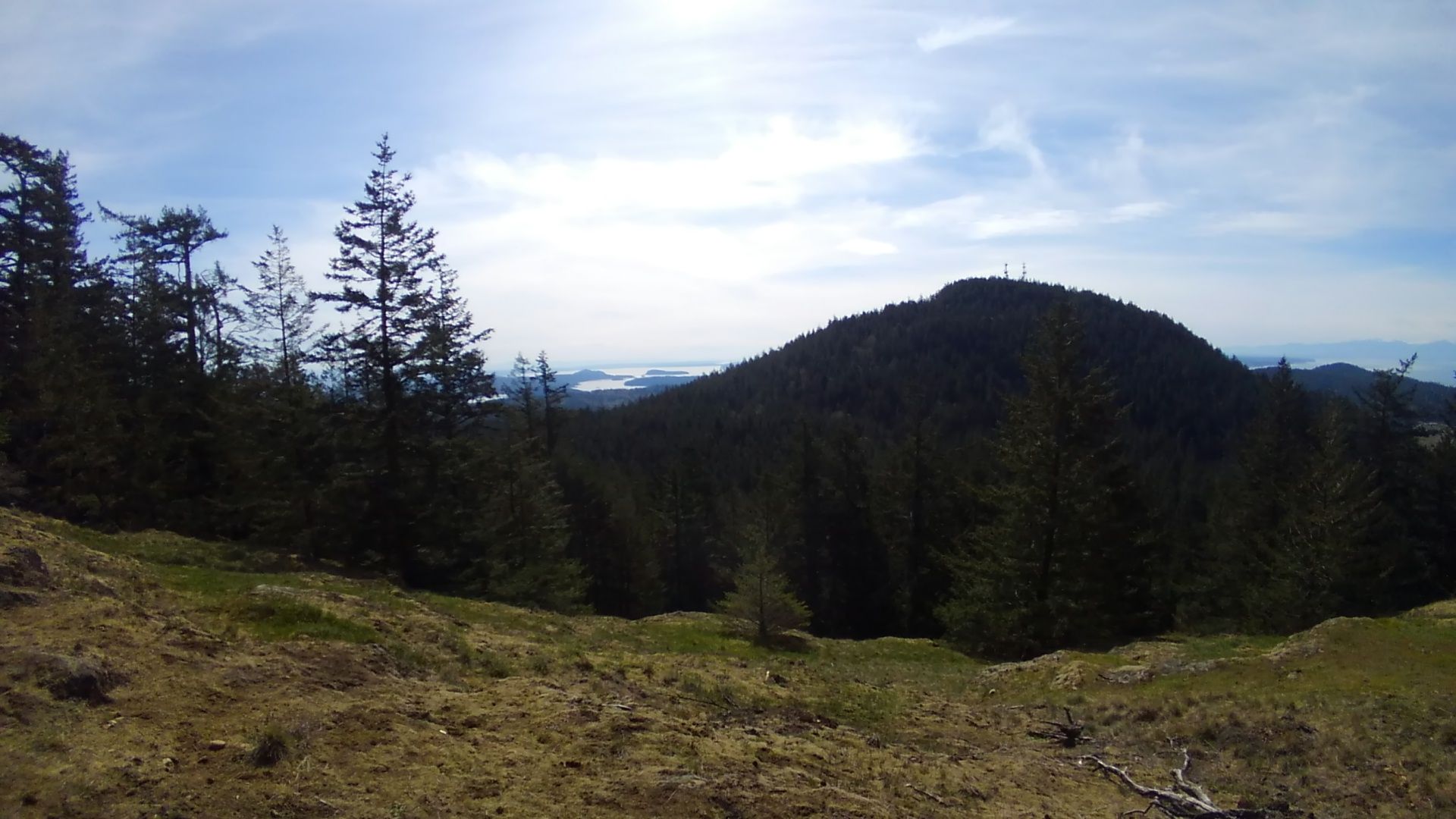Grassy clearing with a forested mountain and distant water under a bright sky. - Heart Lake – Heart Lake loop from Green Anacortes - Mehler Conservation Easement