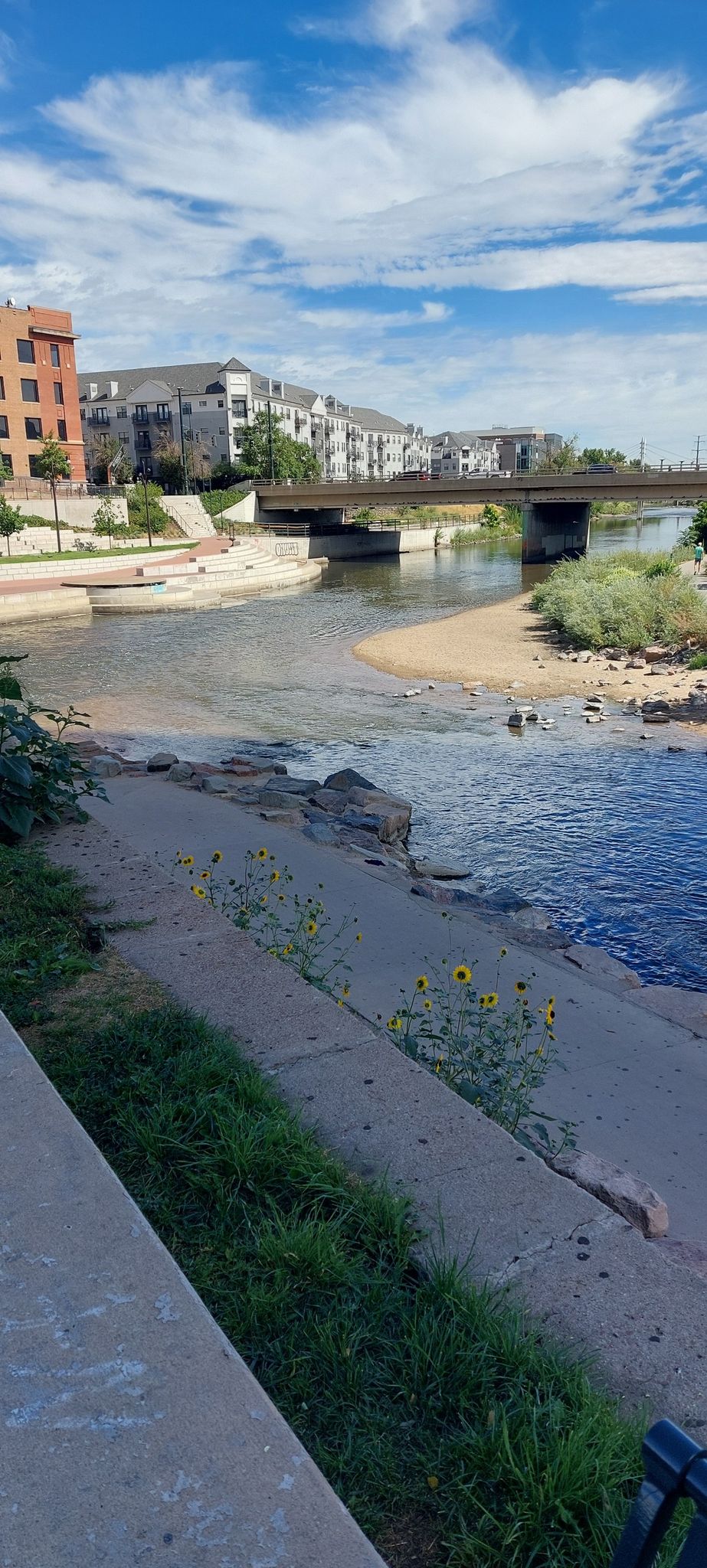 A river flows over a small dam, with buildings and a bridge in background. - Cherry Creek Trail – Cherry Creek Trail loop from Sheridan