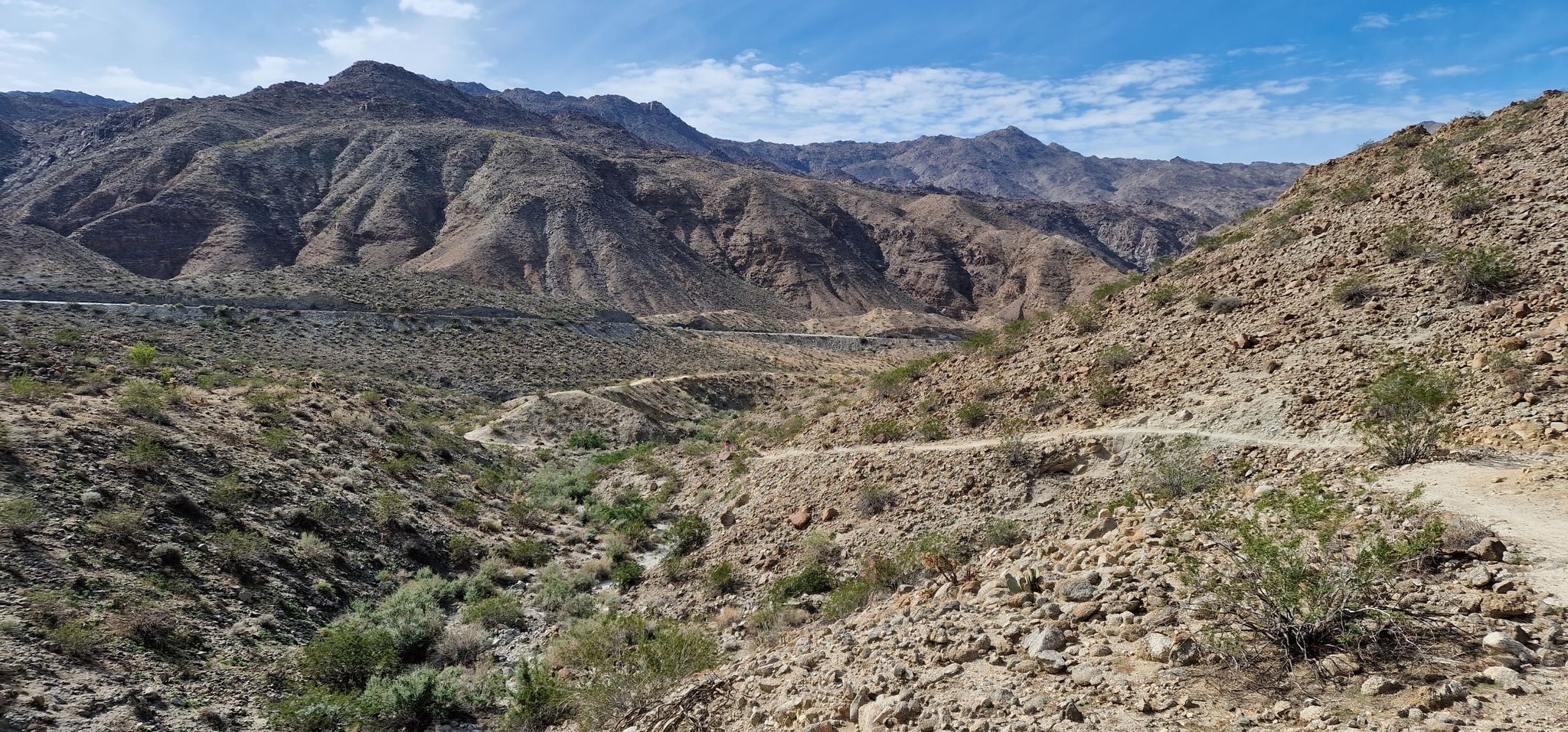 Arid mountain landscape with a winding dirt trail under a bright sky. - Randall Henderson Trail loop from Palm Desert
