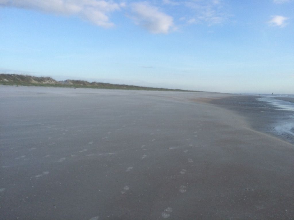 Wide sandy beach with calm ocean and distant dunes under cloudy sky. - Bike loop from Saint Augustine Beach