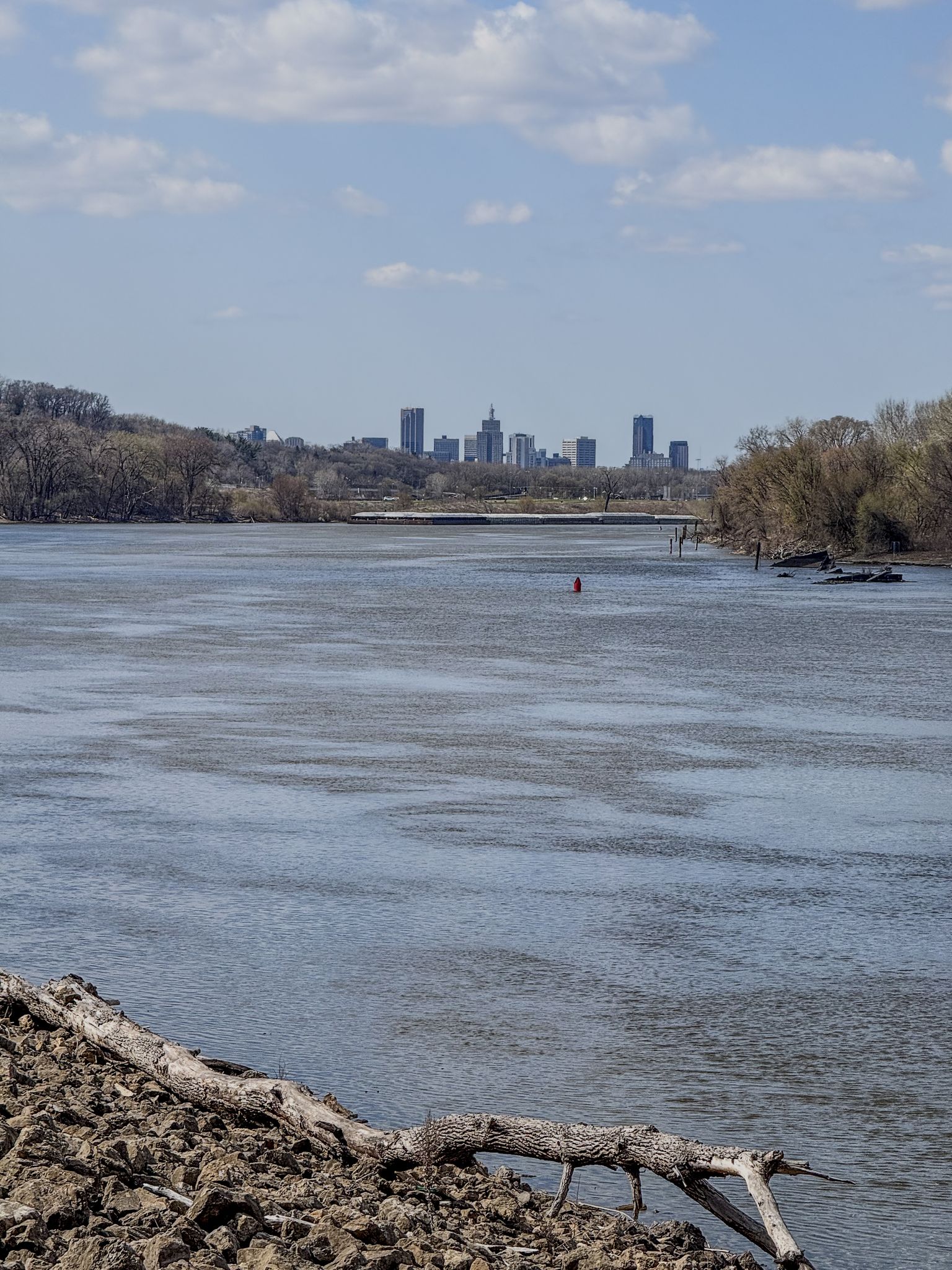 Wide river with a distant city skyline and driftwood in the foreground. - Mississippi River Greenway