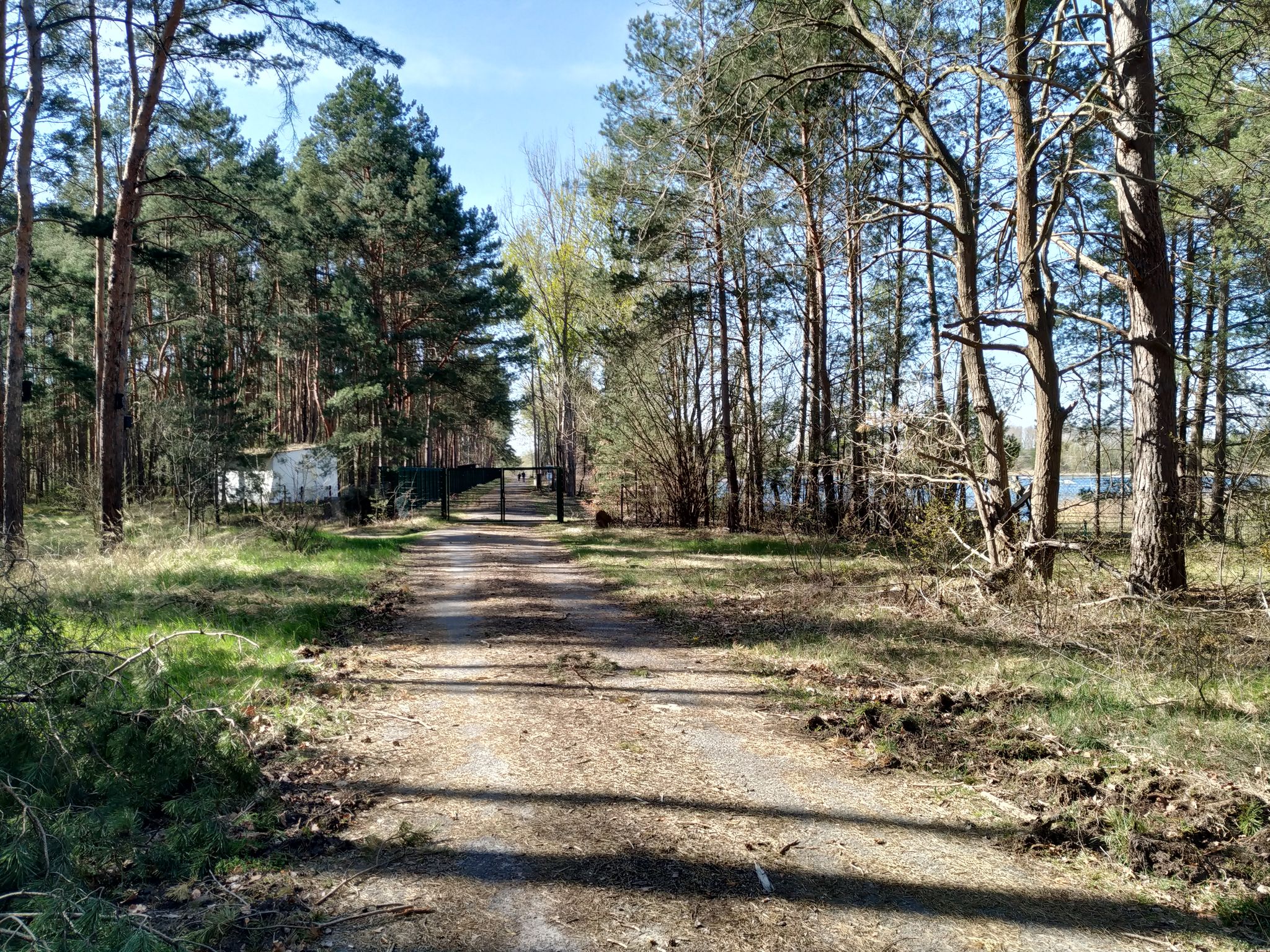 wir nähren uns dem Bernsteinsee. Das Tor ist zu unserem großen Ärger von dieser Seite verschlossen.