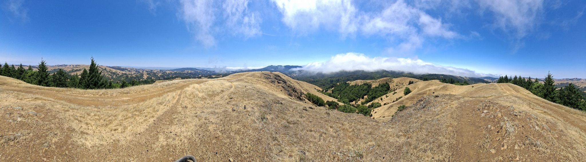 Panoramic view of dry golden rolling hills under a bright blue sky with clouds. - White Hill, Blue Ridge and Split Rock Loop
