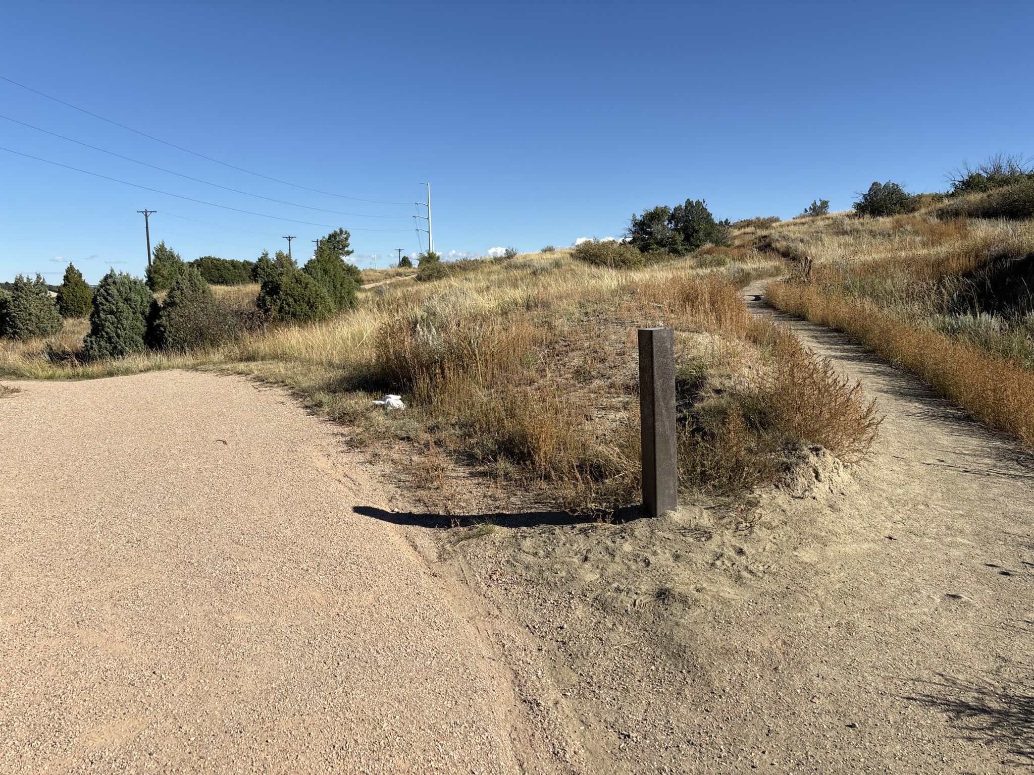 Fork in a dirt path through dry grass and sparse trees on a sunny day. - Santa Fe Trail to Pulpit Rock