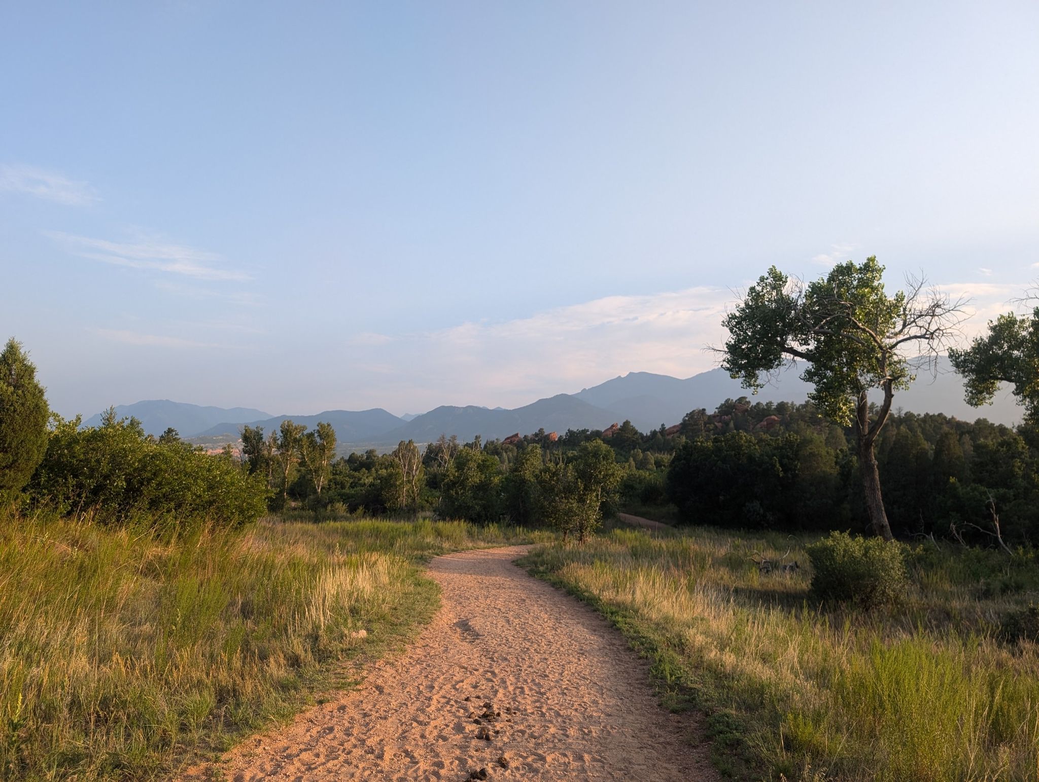A winding dirt path through a grassy field towards distant mountains at dusk. - Woodland Park via Manitou Springs